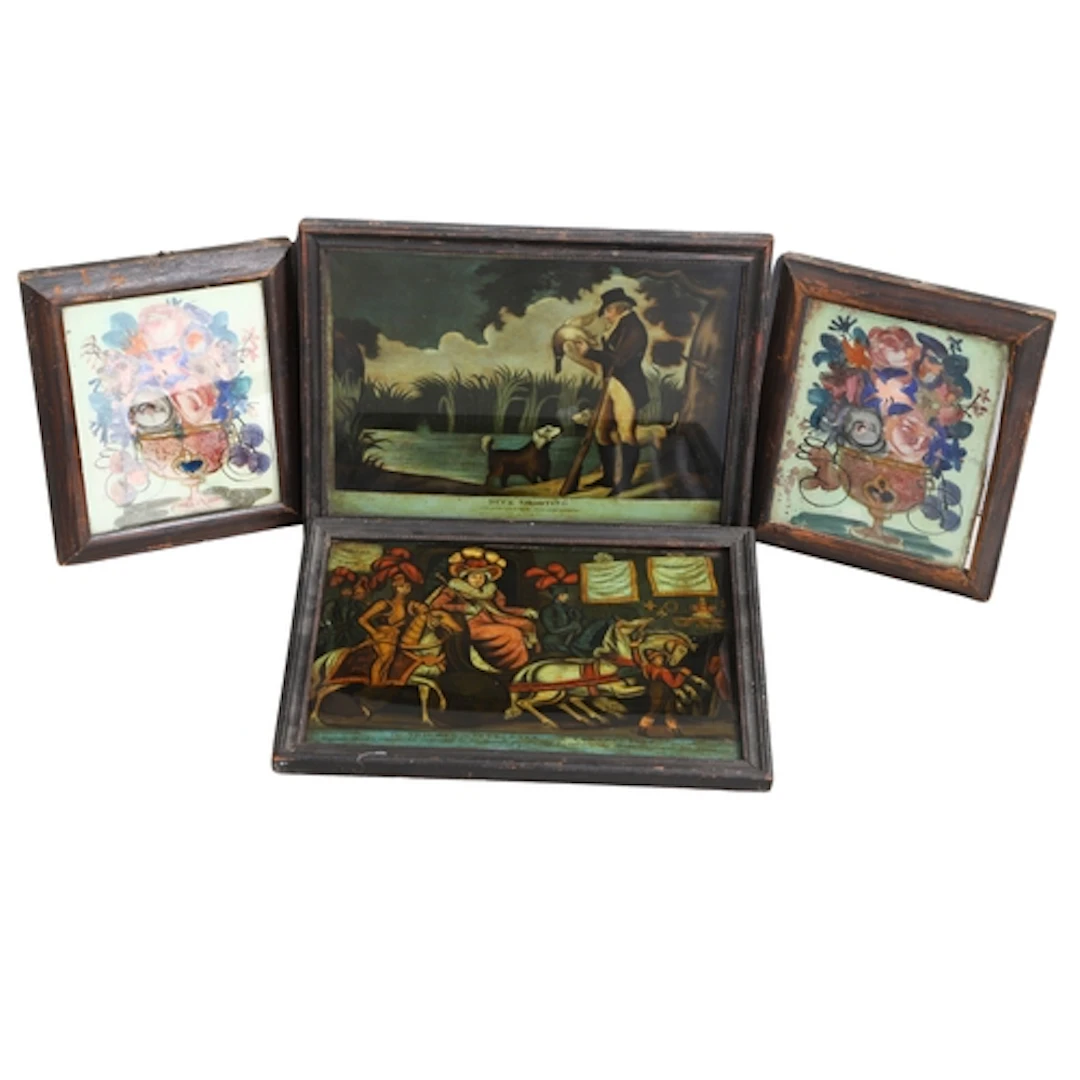 A PAIR OF FOIL & REVERSE GLASS PAINTED STILL LIFES. 19th cen...