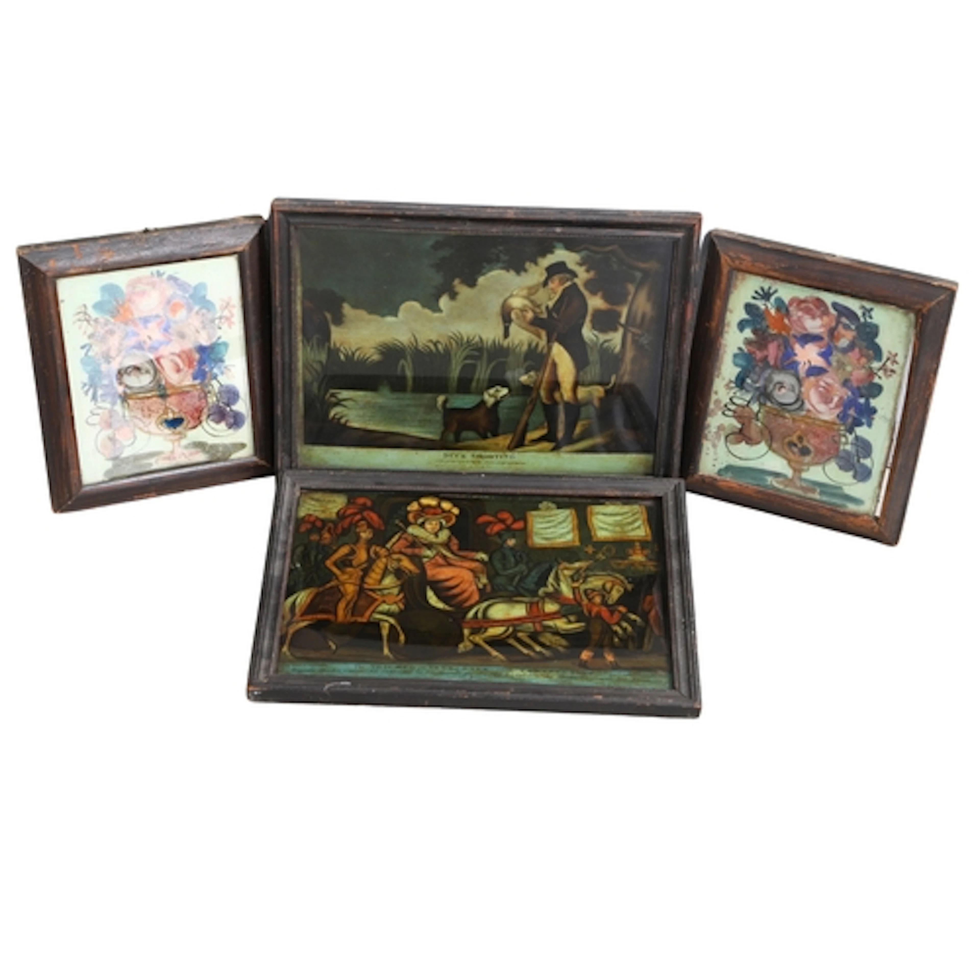 A PAIR OF FOIL & REVERSE GLASS PAINTED STILL LIFES. 19th cen...
