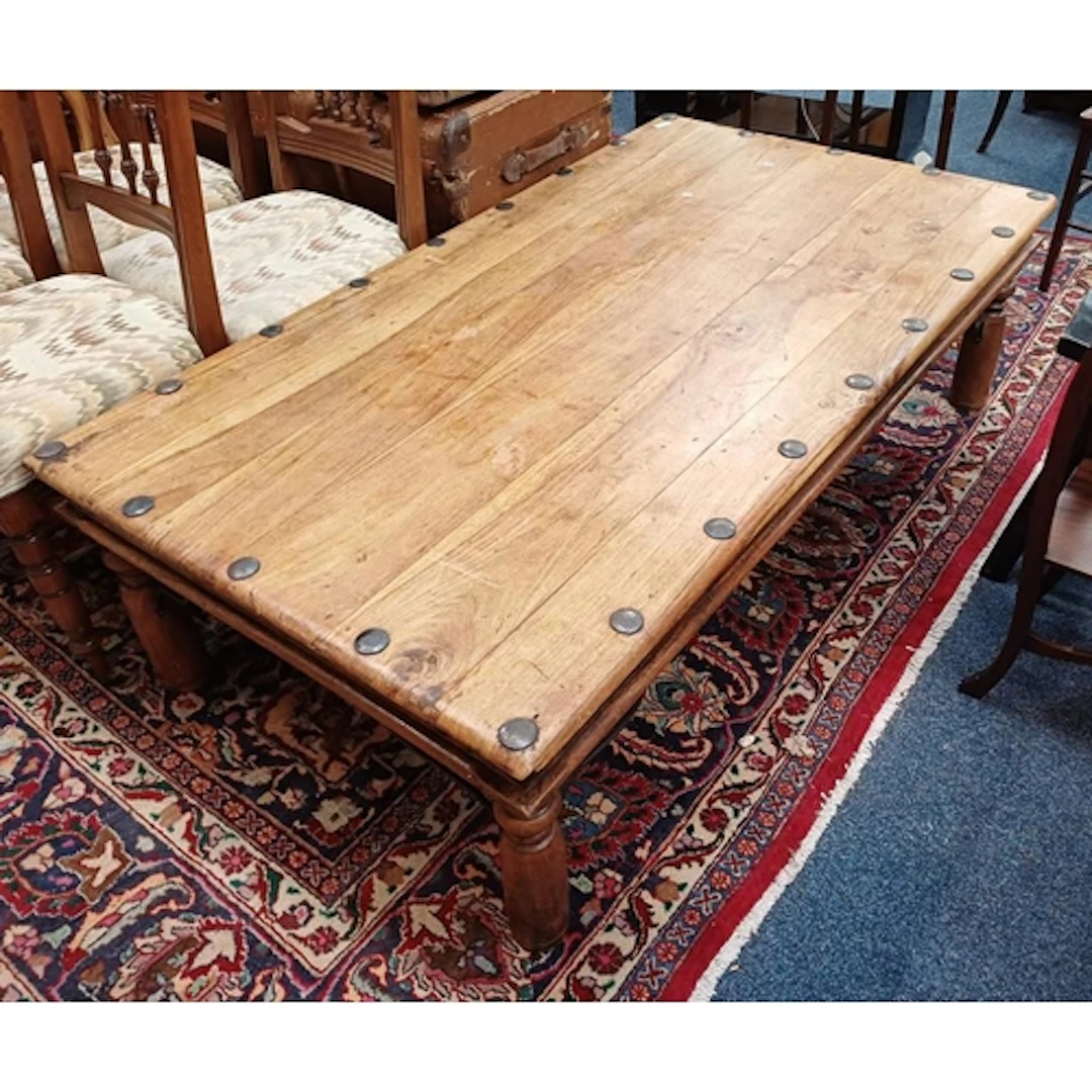 EASTERN HARDWOOD RECTANGULAR COFFEE TABLE WITH METAL FITTING...