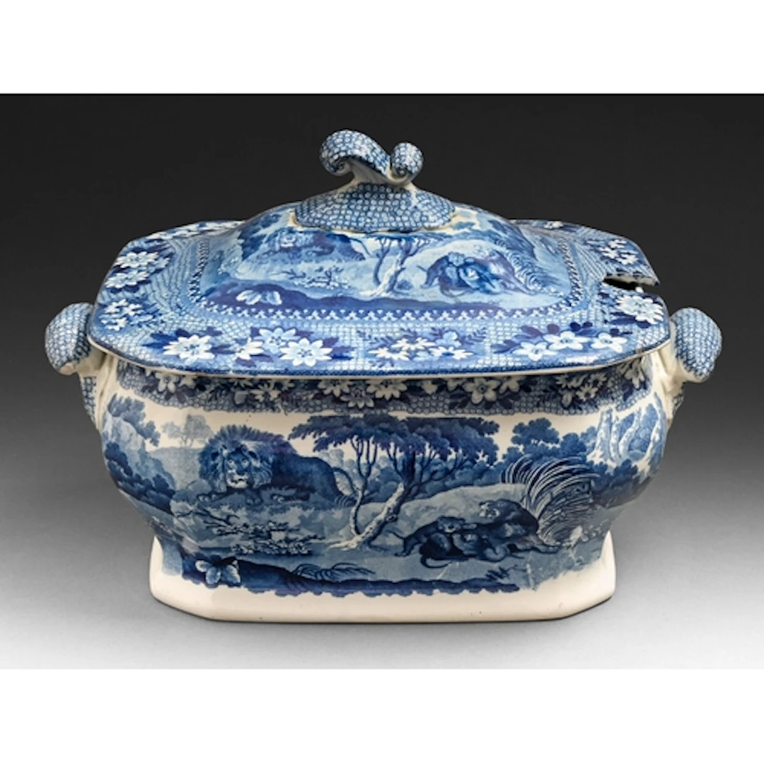 A William Adams blue printed earthenware Lions pattern turee...