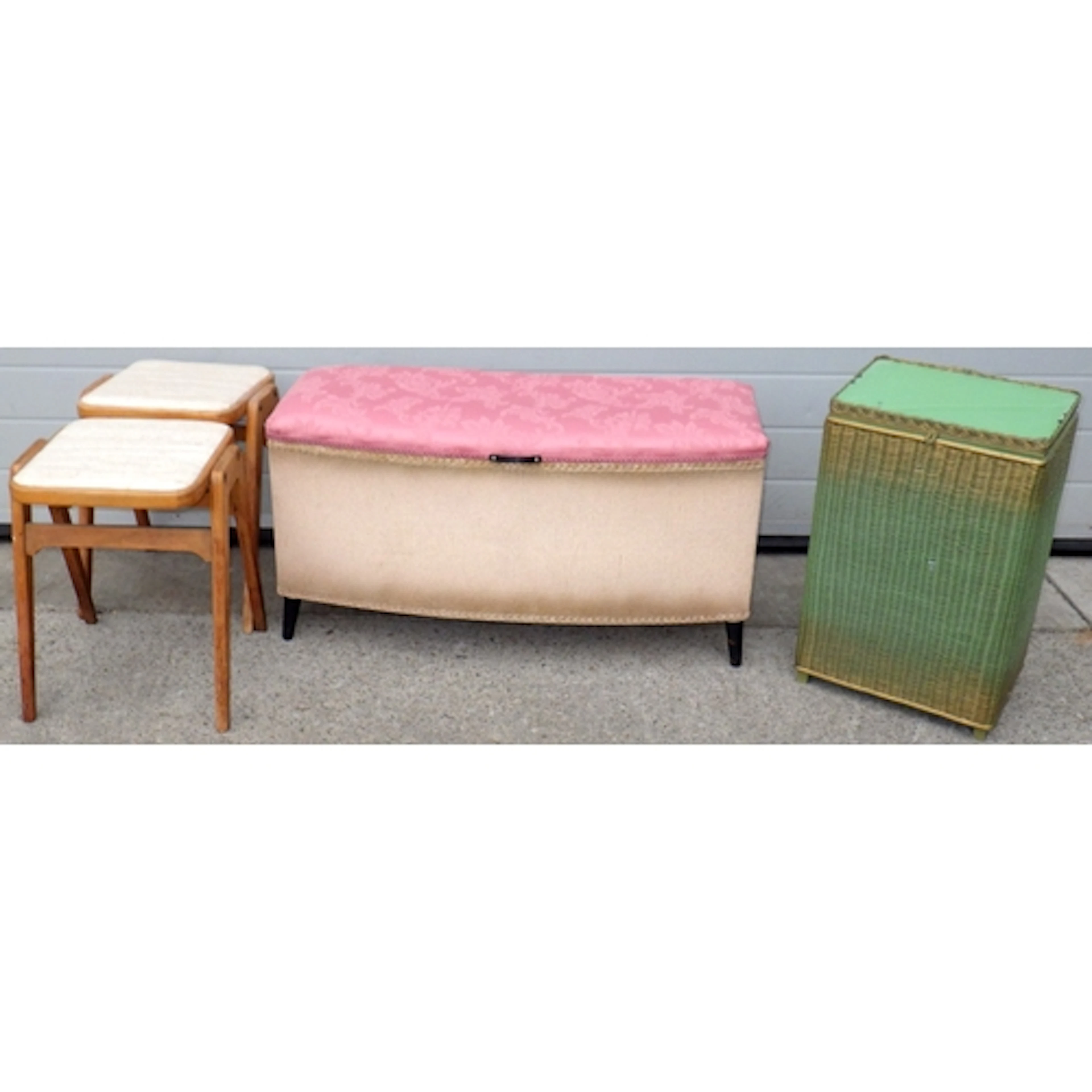 Two stacking stools, an ottoman and a linen basket (4)