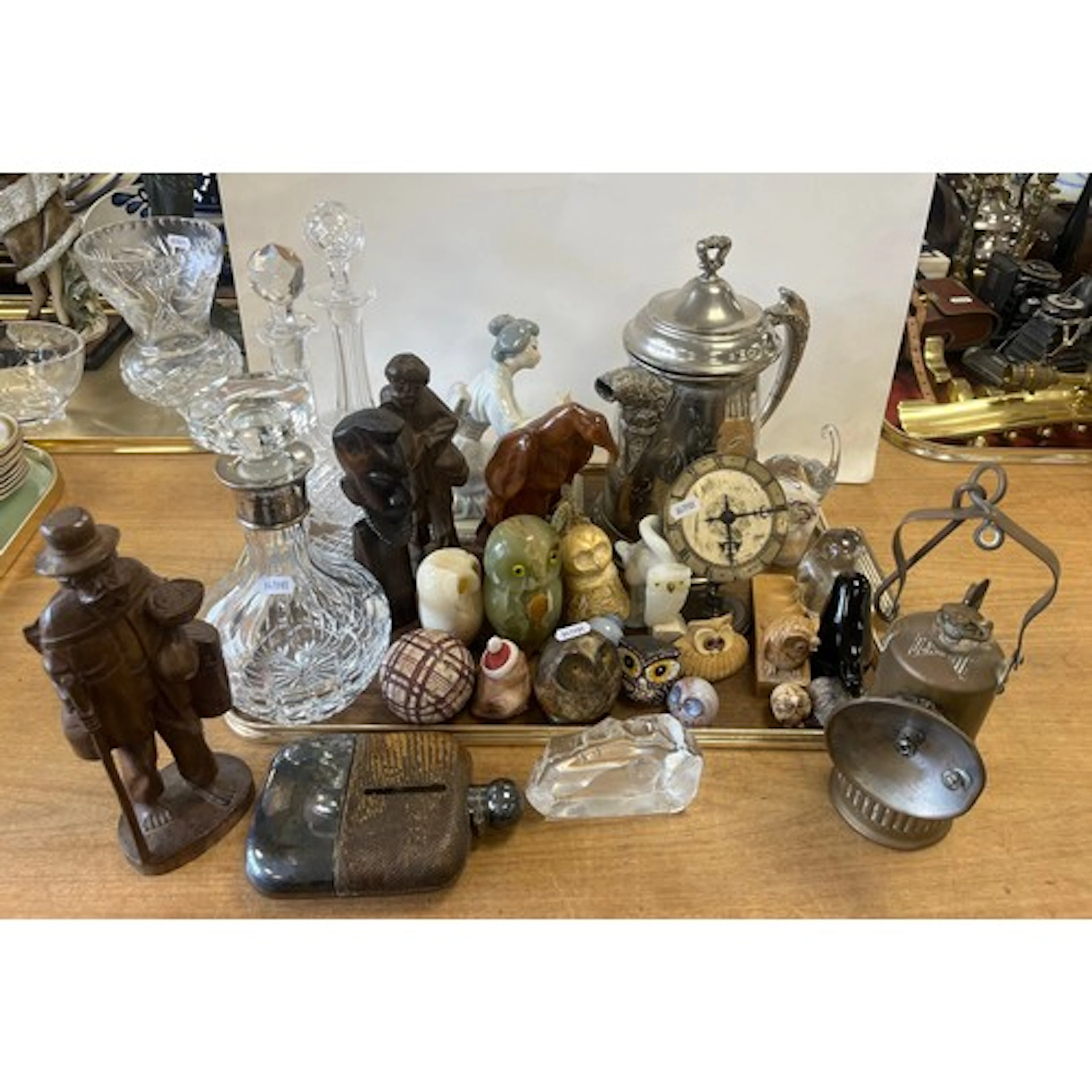 Black Forest style figure, decanters, lamp, large EP covered...