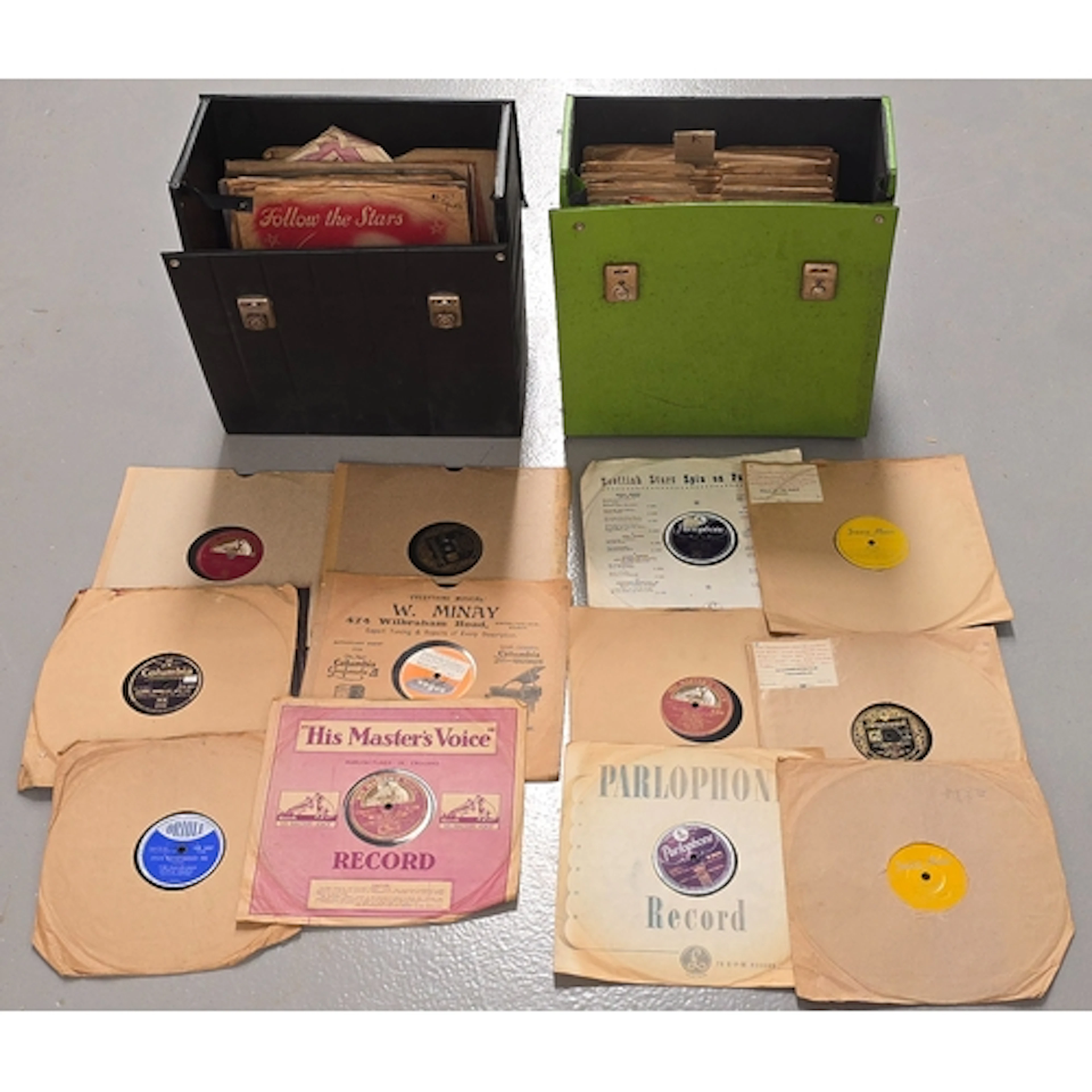 Two cases of jazz/swing 78rpm gramophone records. Artists "H...
