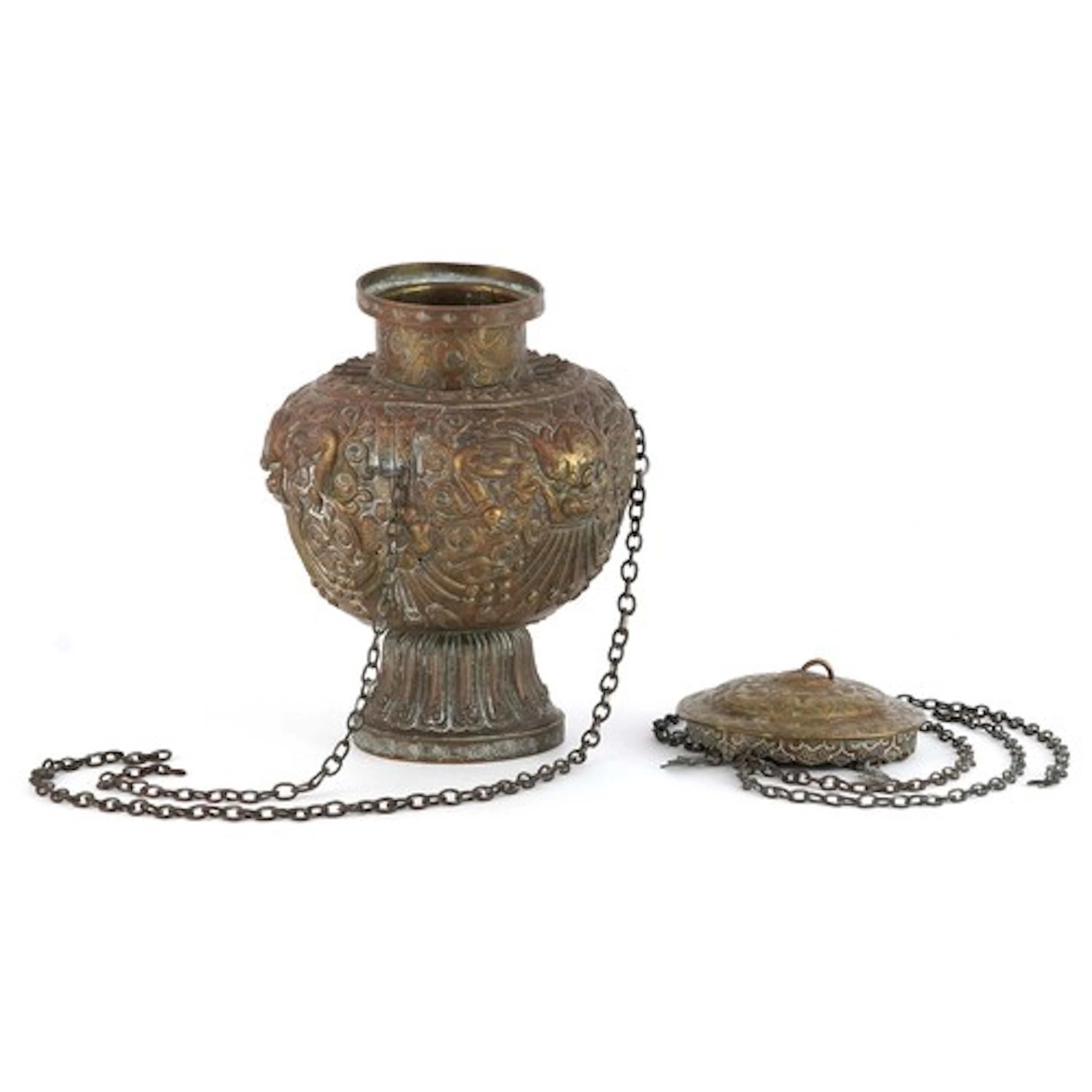 Chino Tibetan brass hanging incense burner decorated with dr...