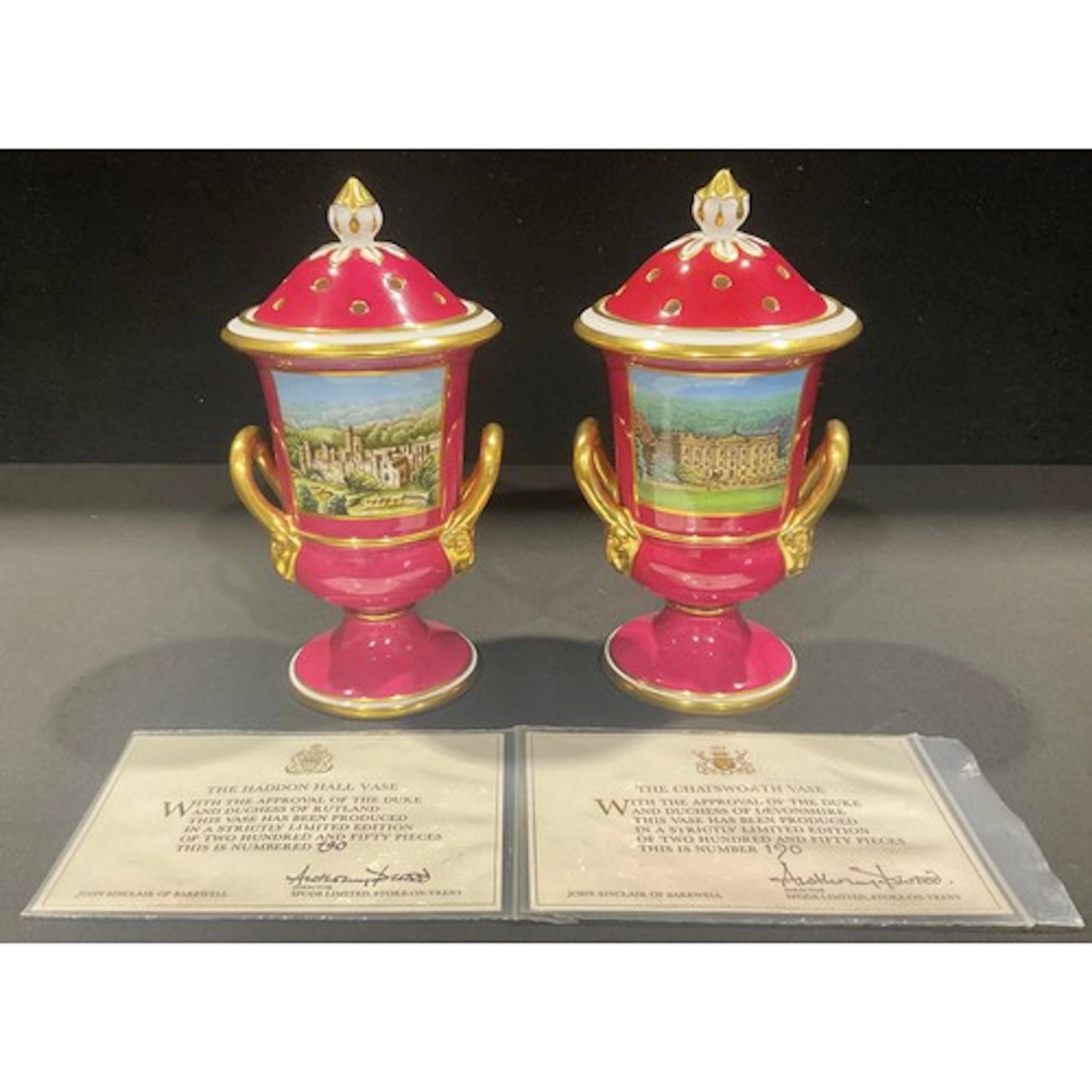 A pair of Spode campana shaped pot pourri vases and covers, ...