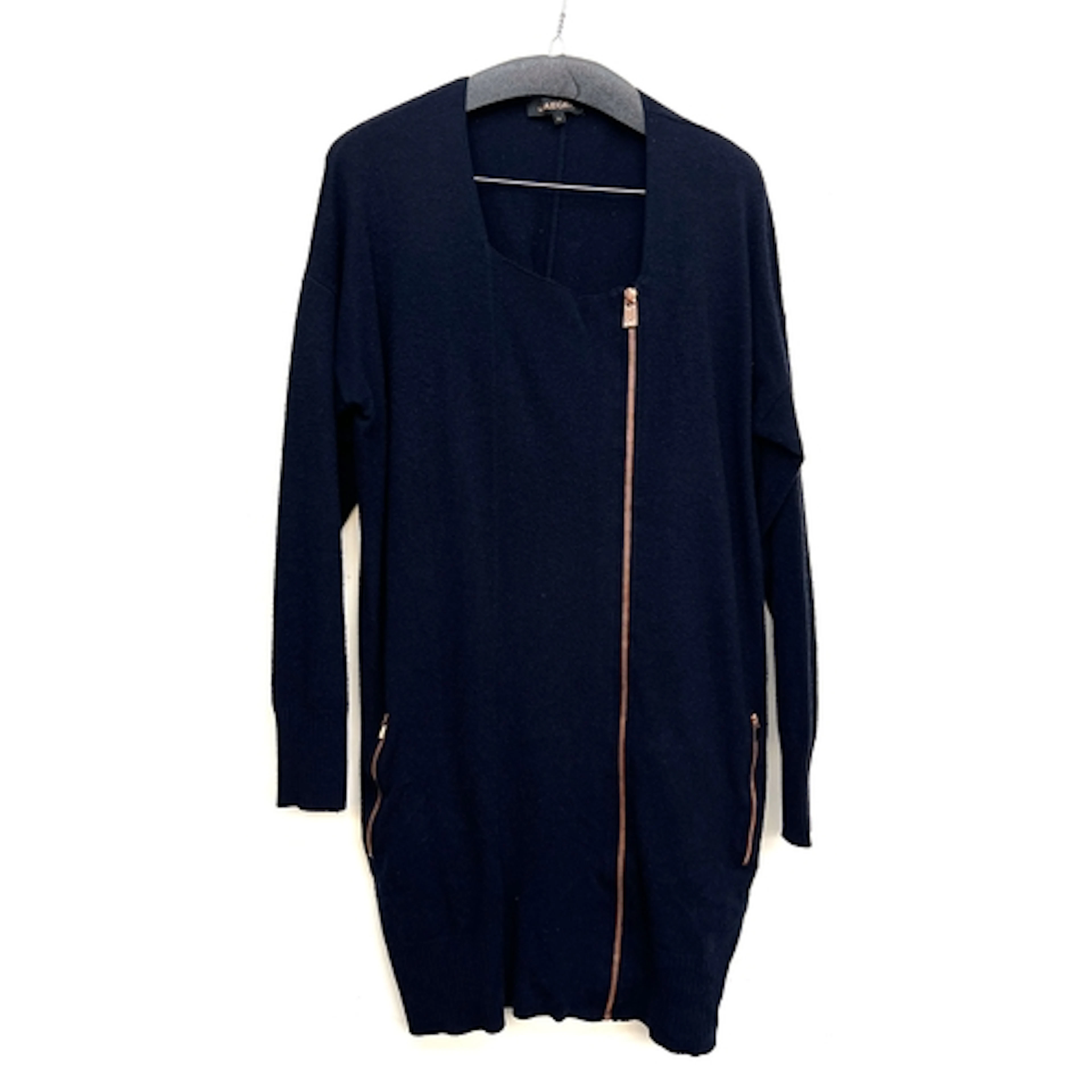 A Jaeger size XL navy blue wool dress with copper tone zip; ...