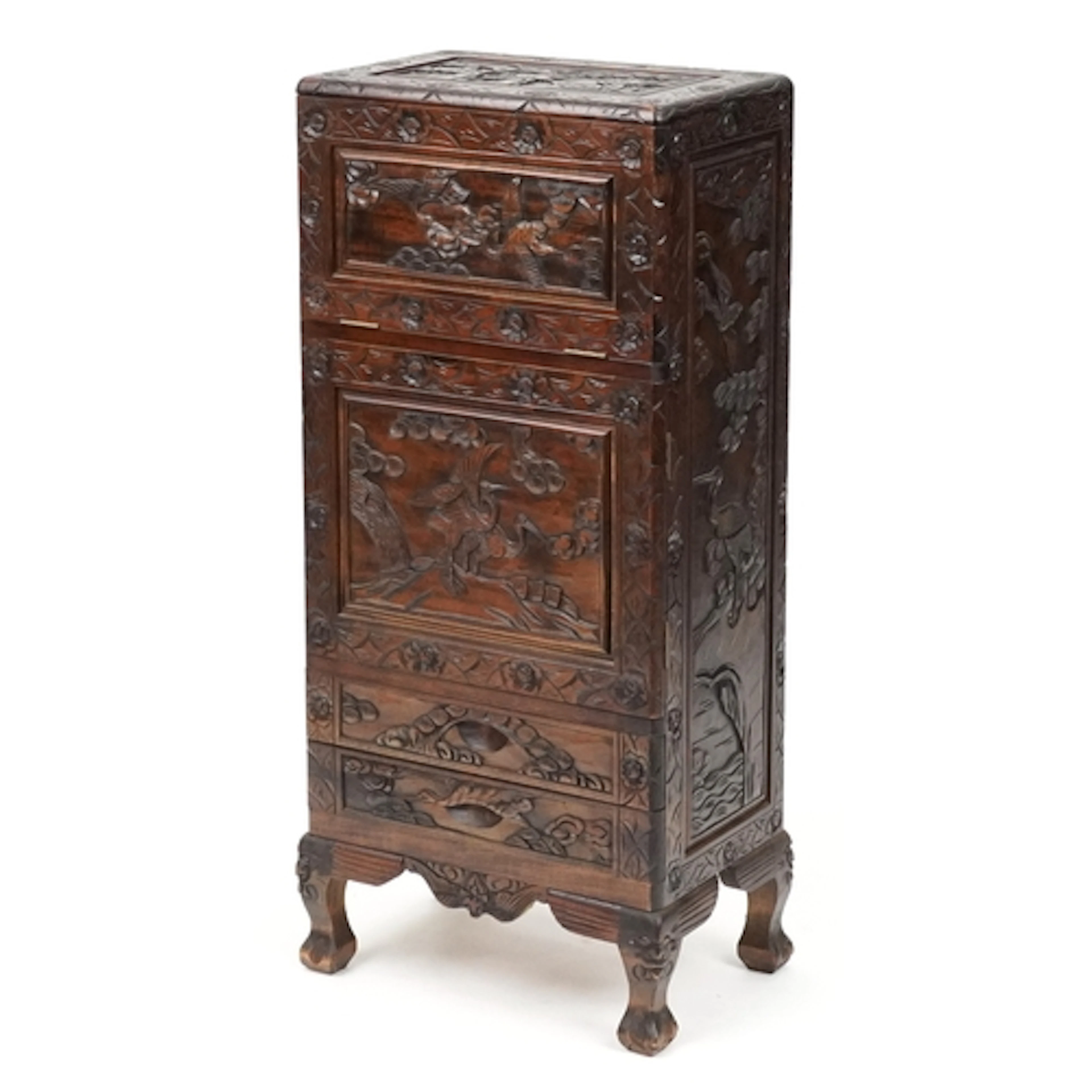 Chinese carved softwood cabinet with forefront compartment, ...