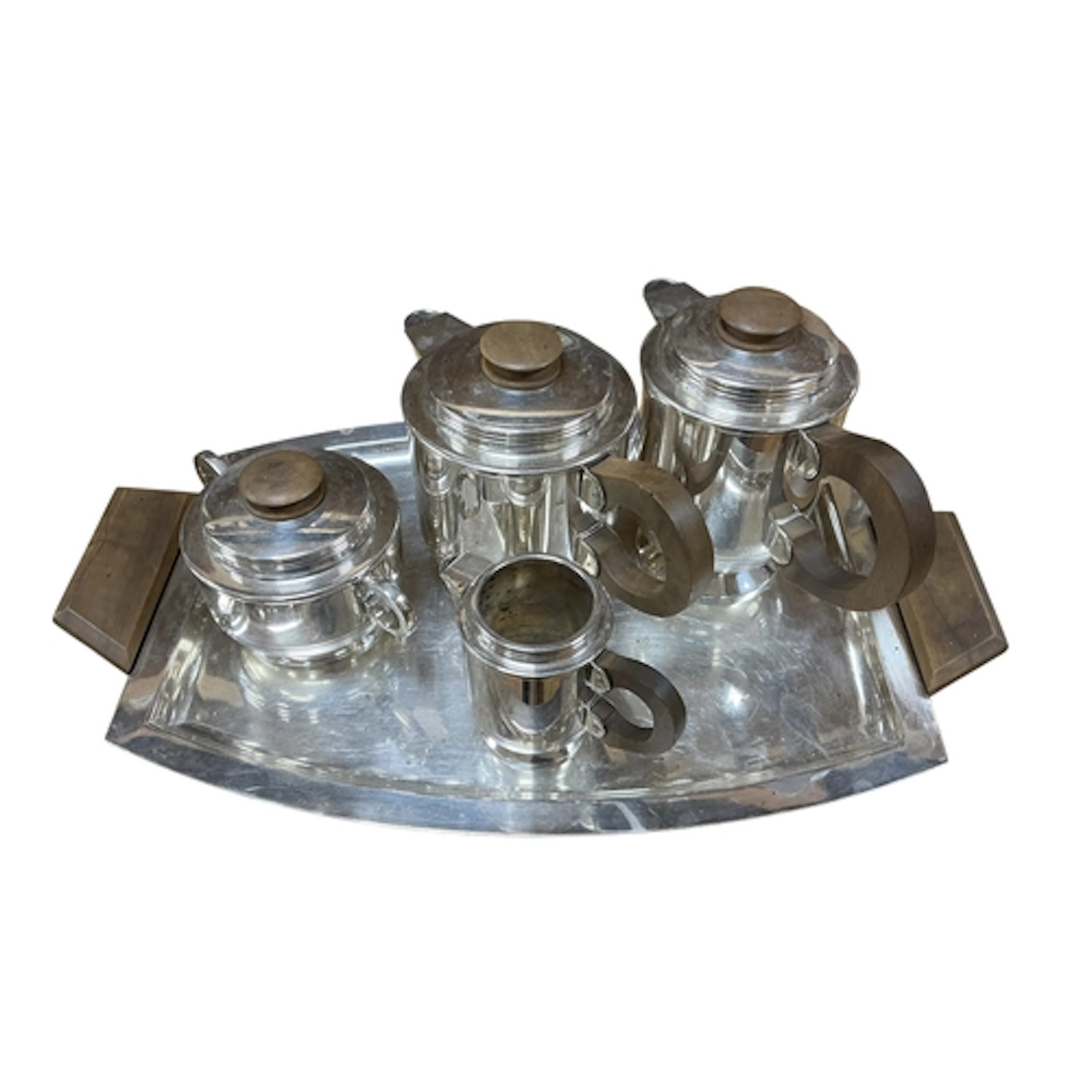 An Art Deco silver plated tea service with wooden handles, t...