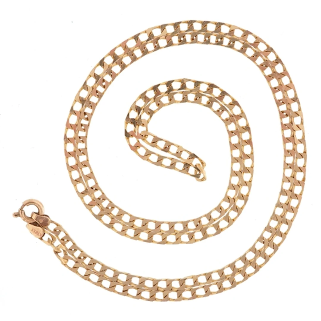 9ct gold curb link necklace, 60cm in length, 9.1g.