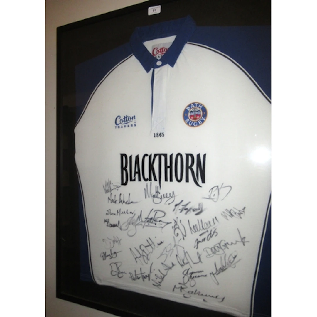 Framed Bath rugby shirt, signed by multiple players