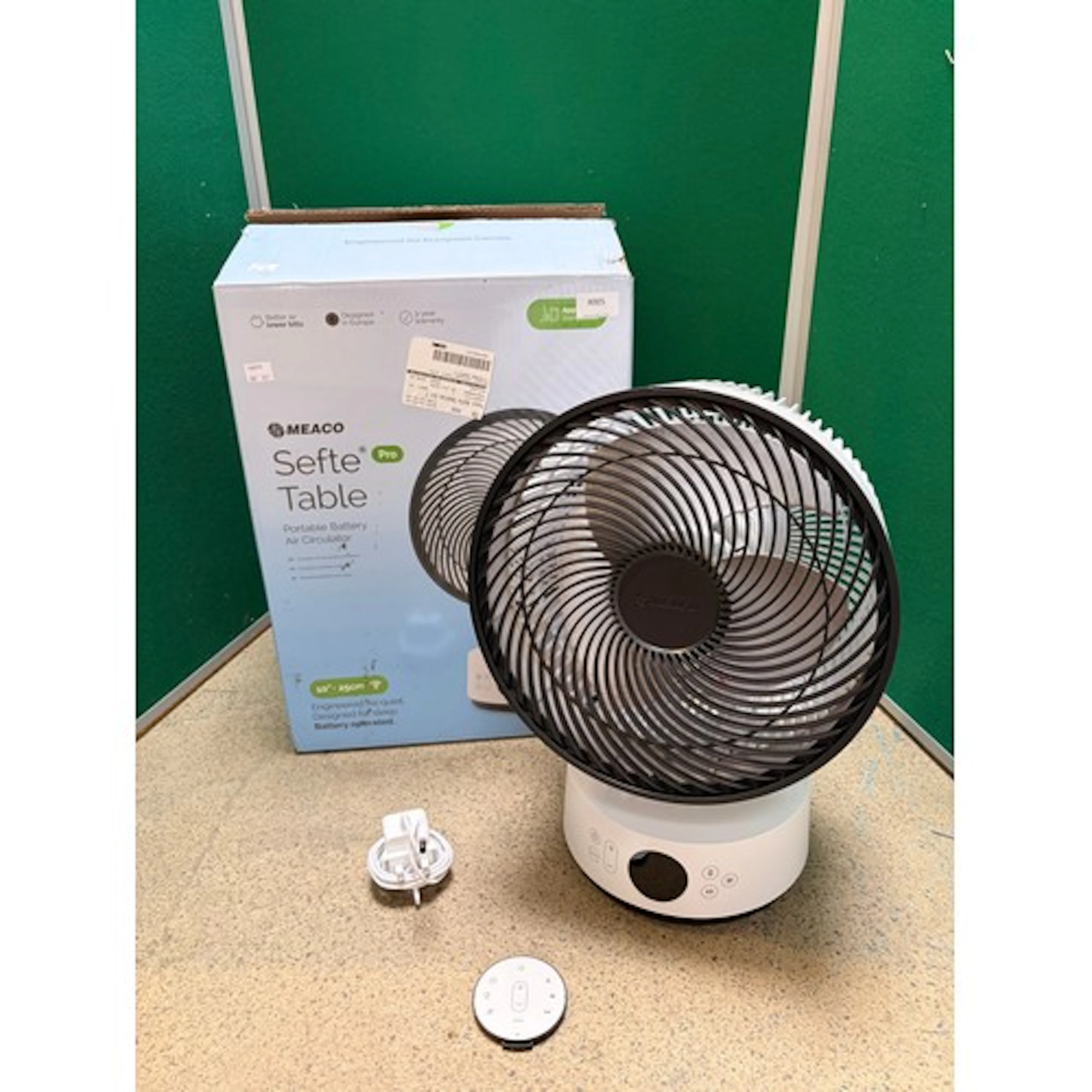 A Meaco Sefte desktop air circulator with remote and charger...