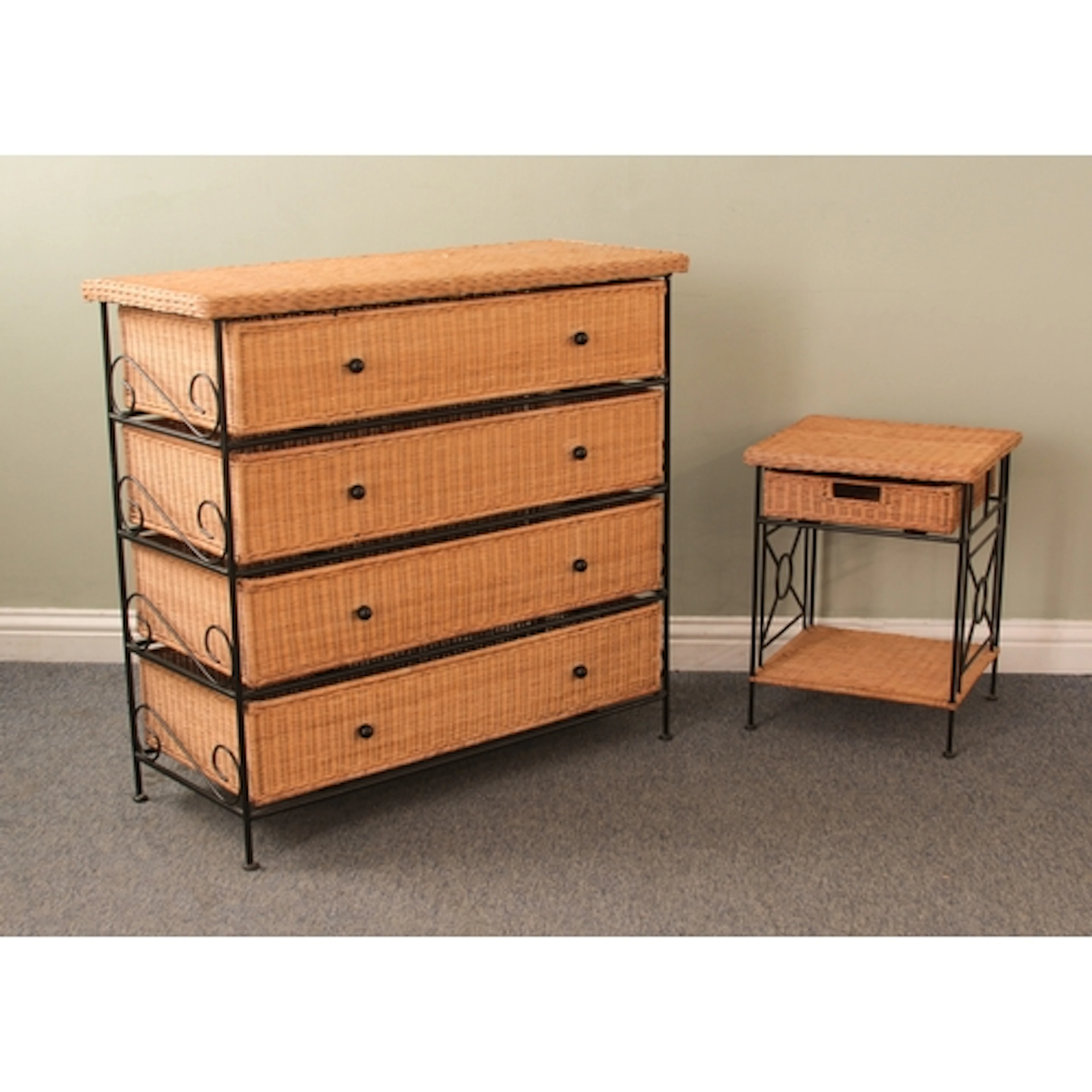 A wicker and black painted steel chest of drawers - the blac...