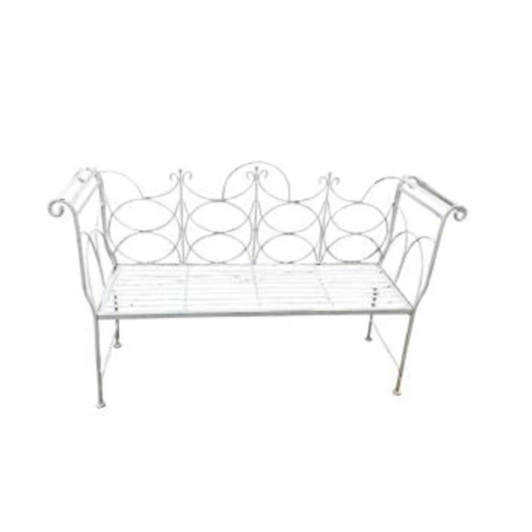 A wrought iron garden bench, width 143cm, depth 43cm, height...