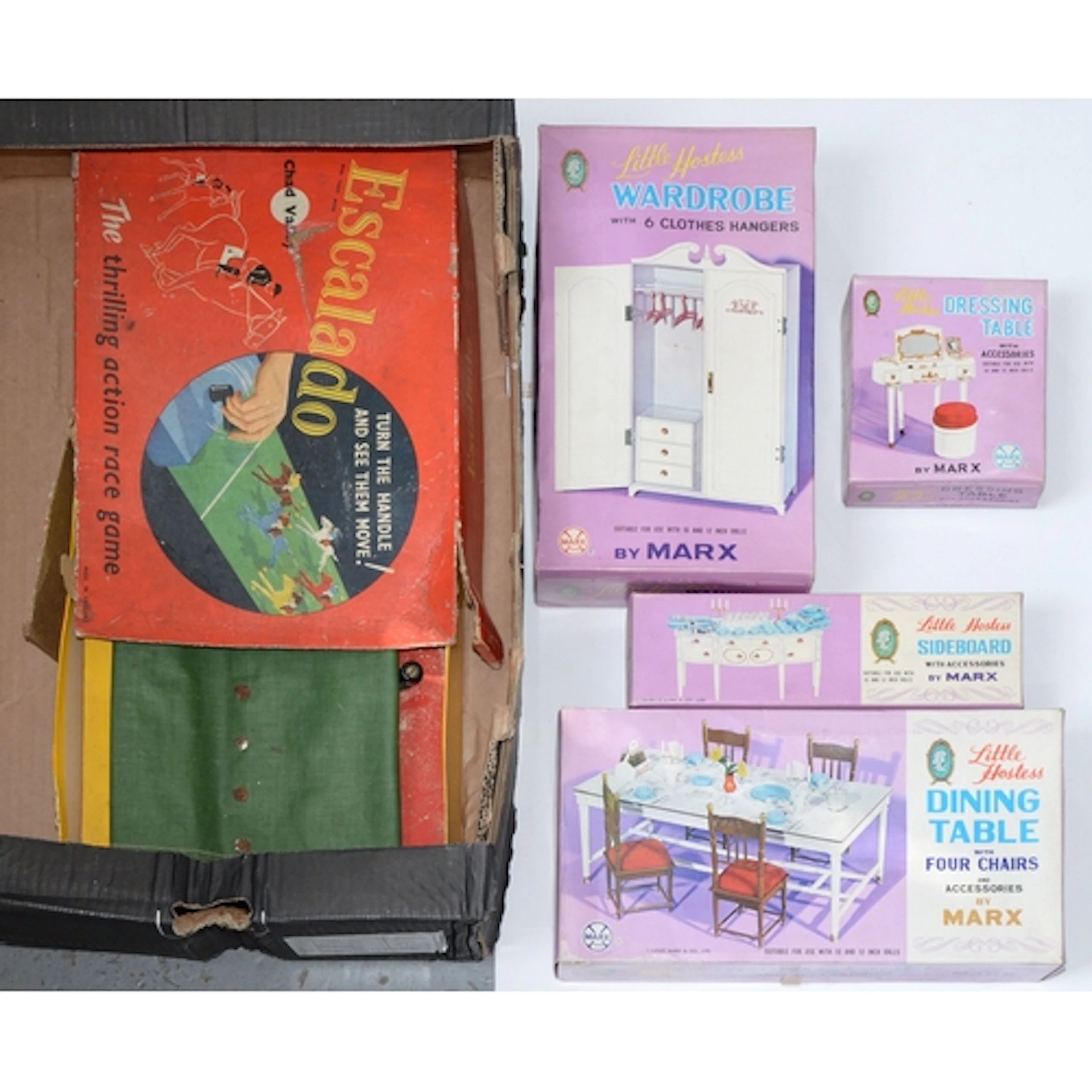 Vintage toys. A Chad Valley Escalado game, with five painte...