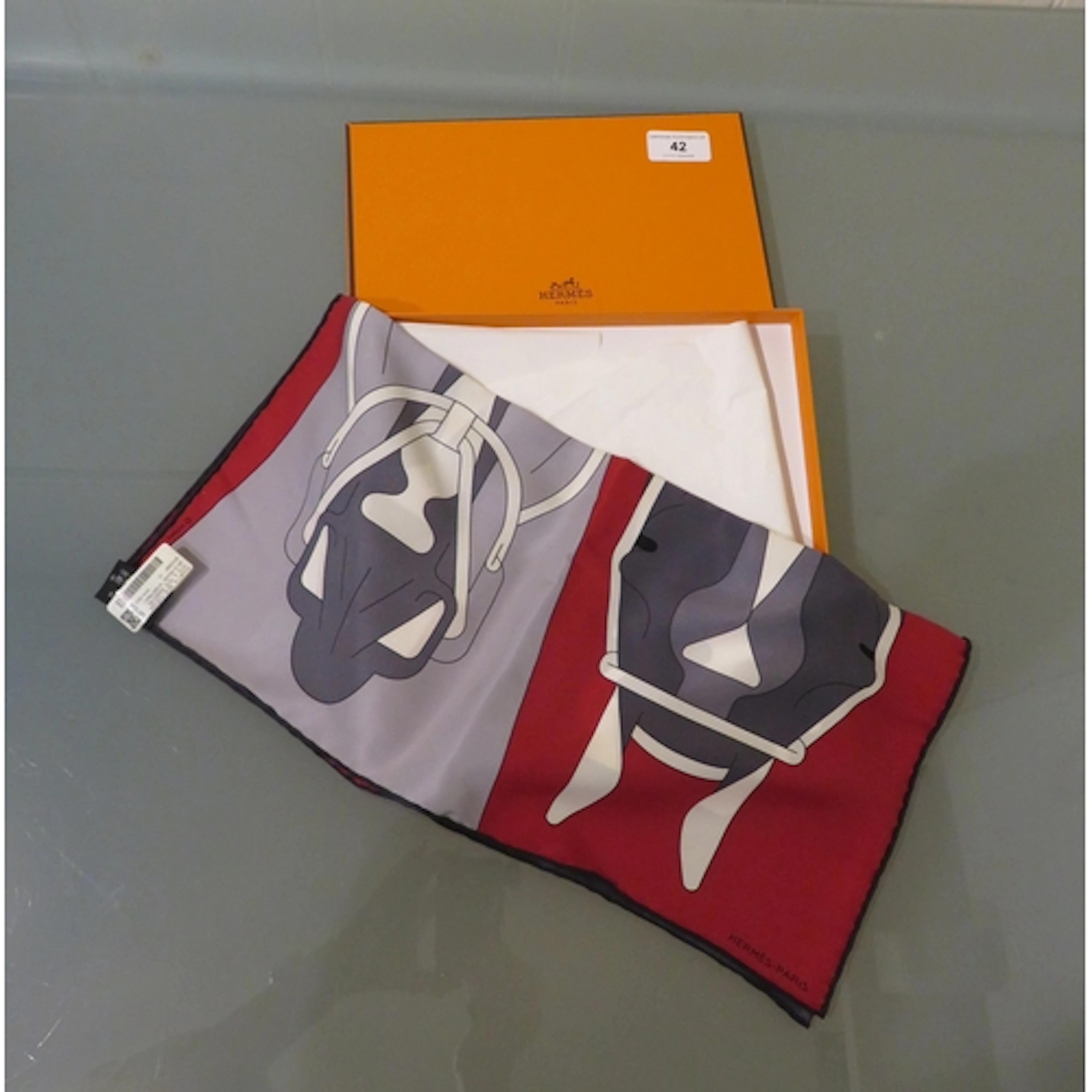 Hermes Tete A Tete equestrian silk pocket square in grey and...