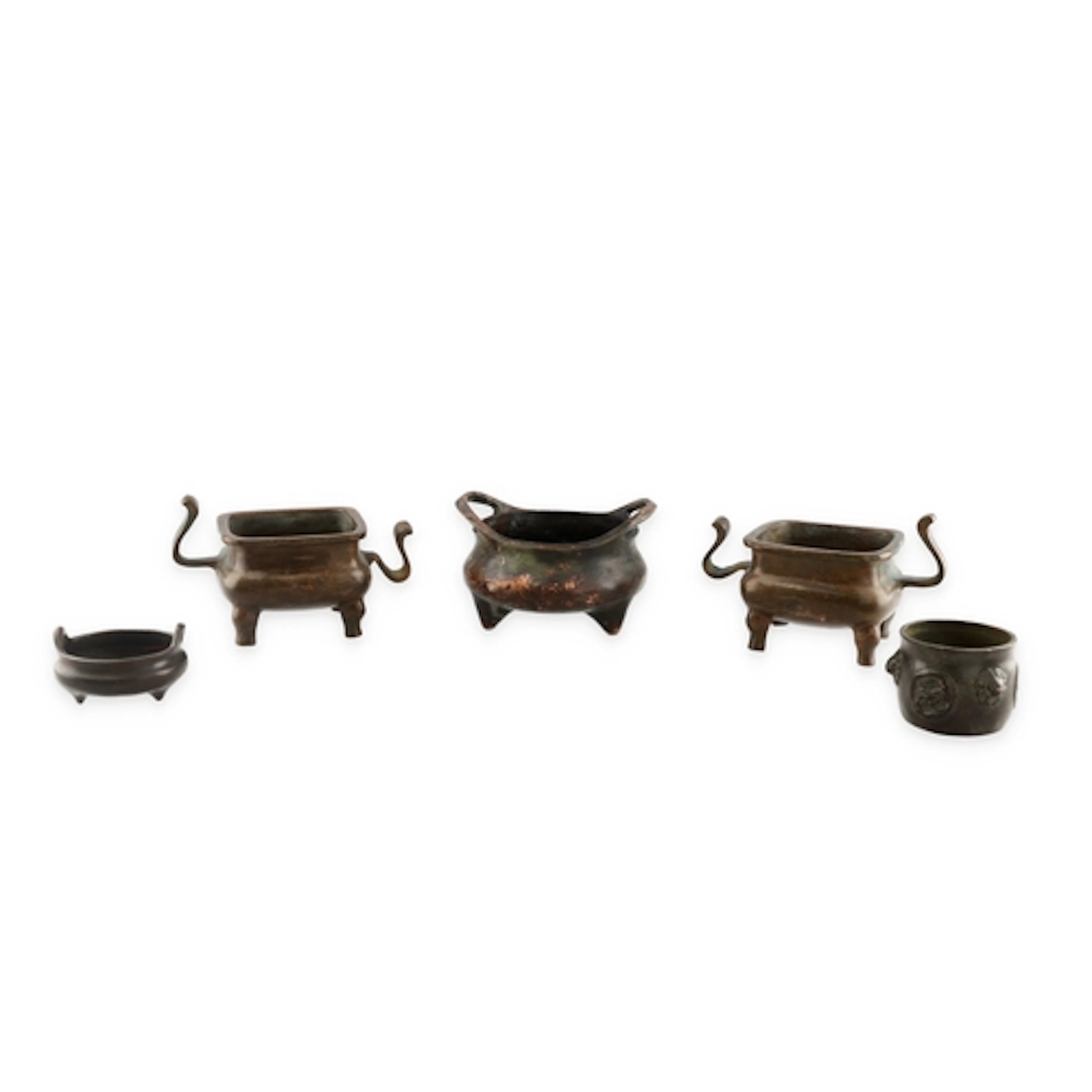 FIVE CHINESE BRONZE CENSERS Largest 9cm W