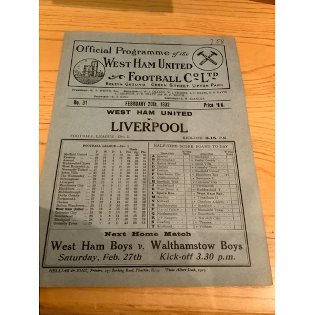 31/32 West Ham v Liverpool Football Programme: Good conditio...