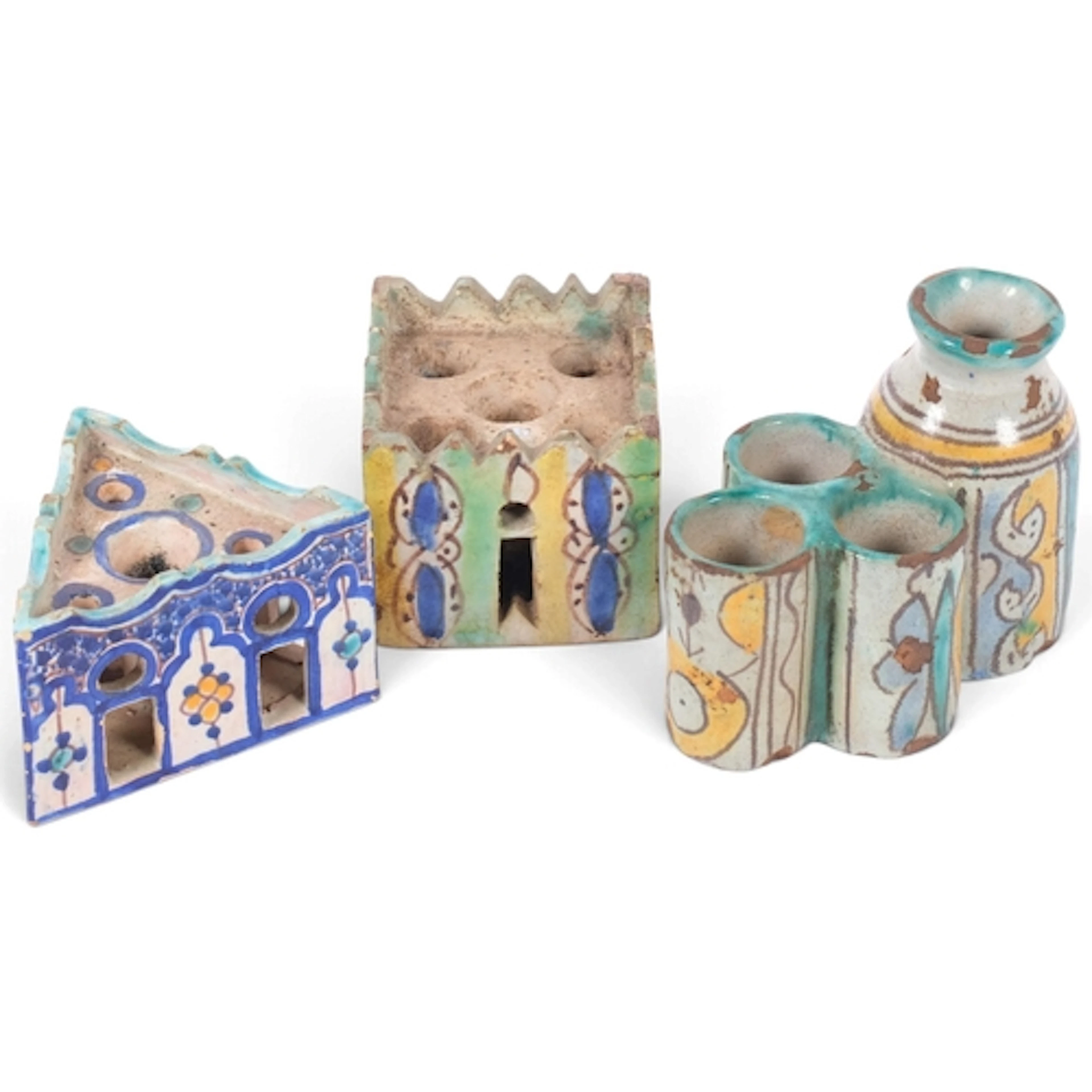 3 x 19th century Moroccan painted and glazed pottery inkwell...