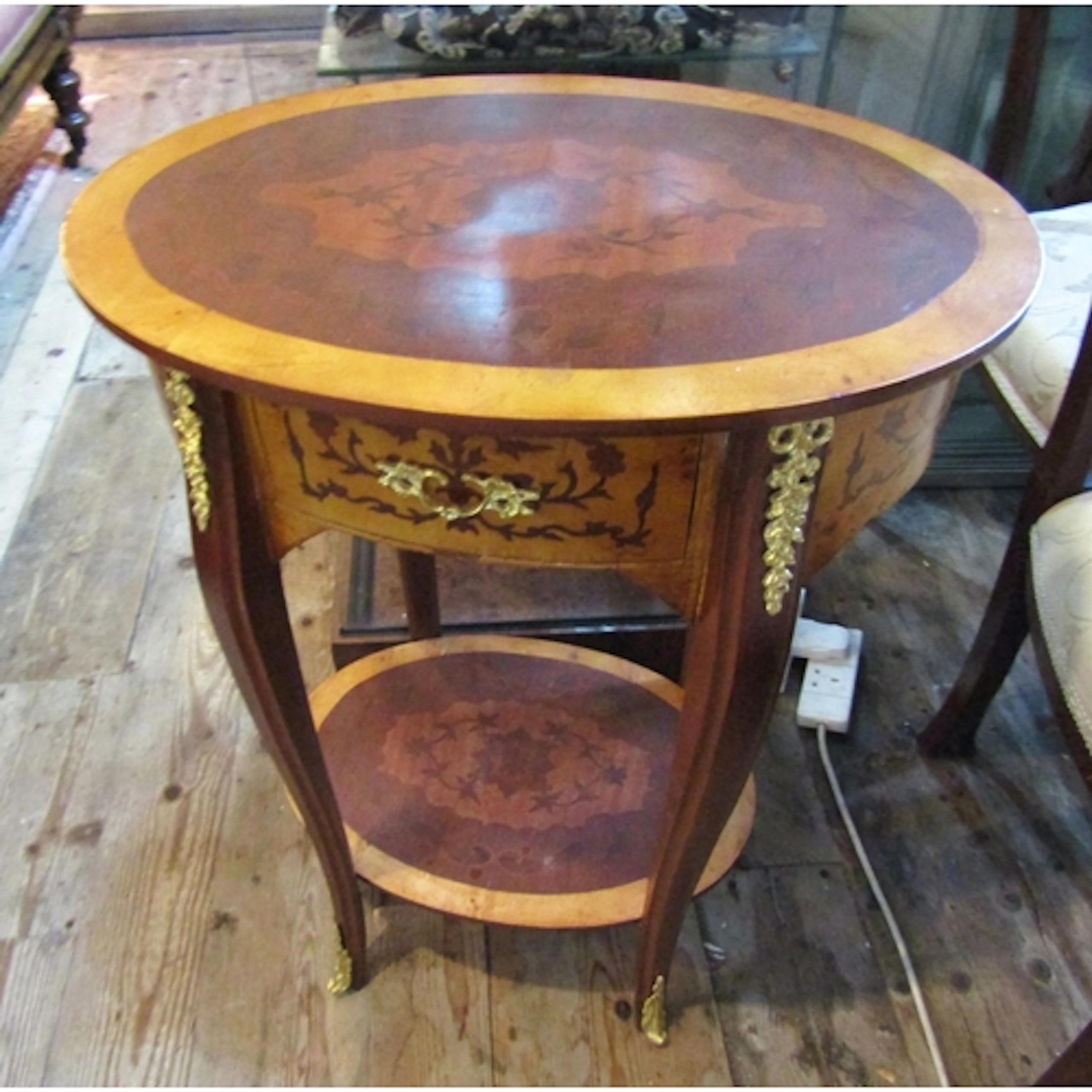 Oval Form Side Table Marquetry Decoration Mounts Above Cabri...