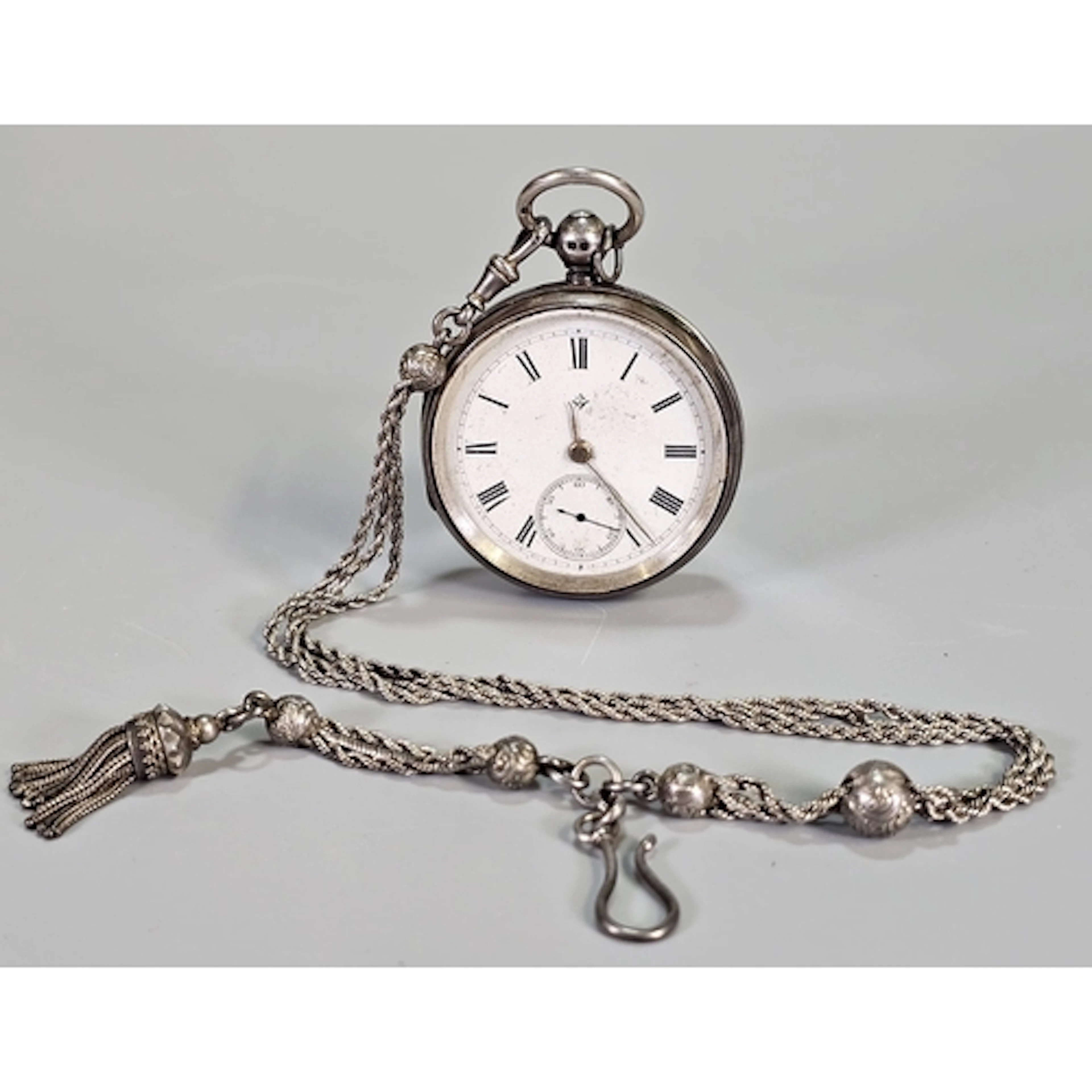 Silver key wind open faced lever pocket watch with Roman num...