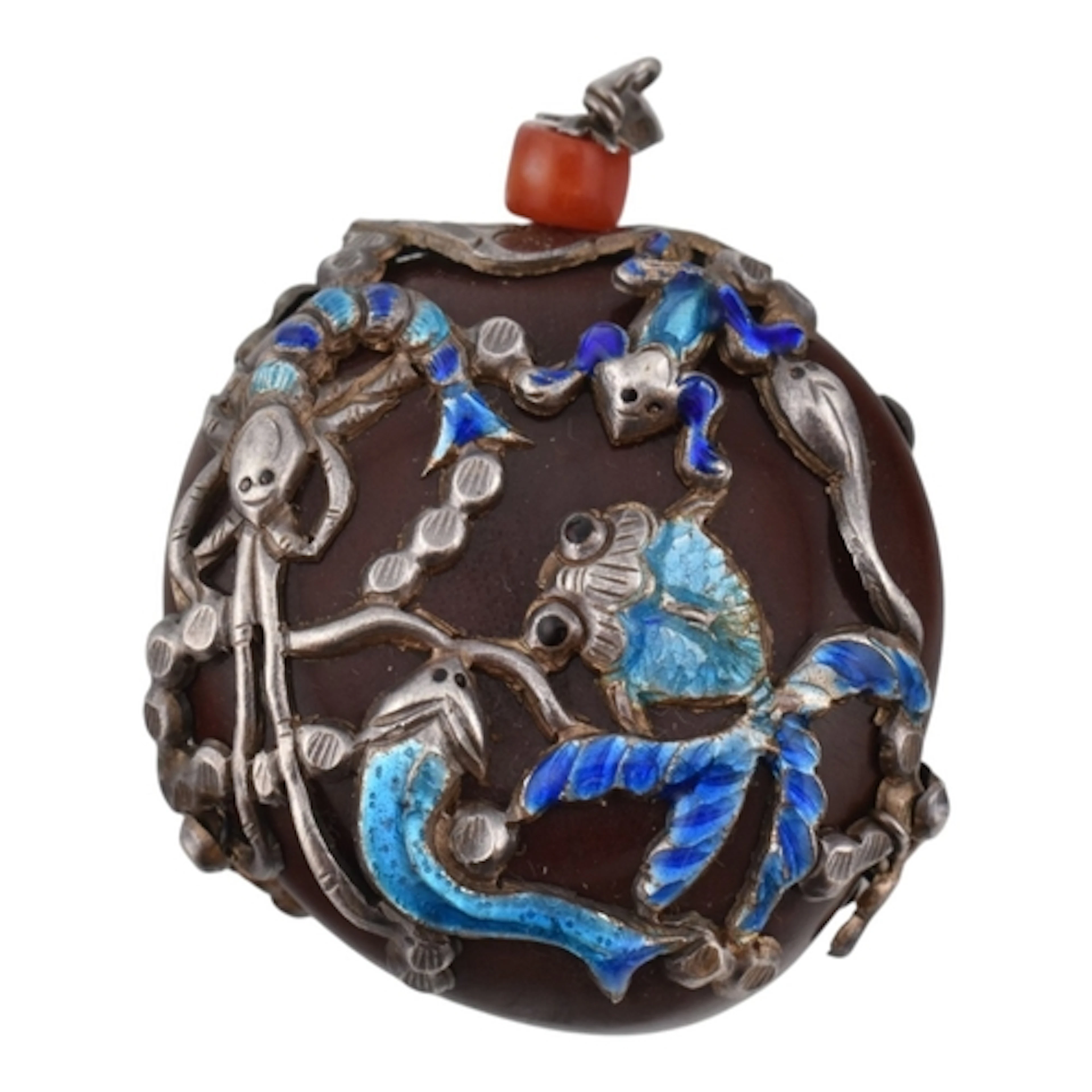 A Chinese silver and enamel decorated sea bean necklace pend...