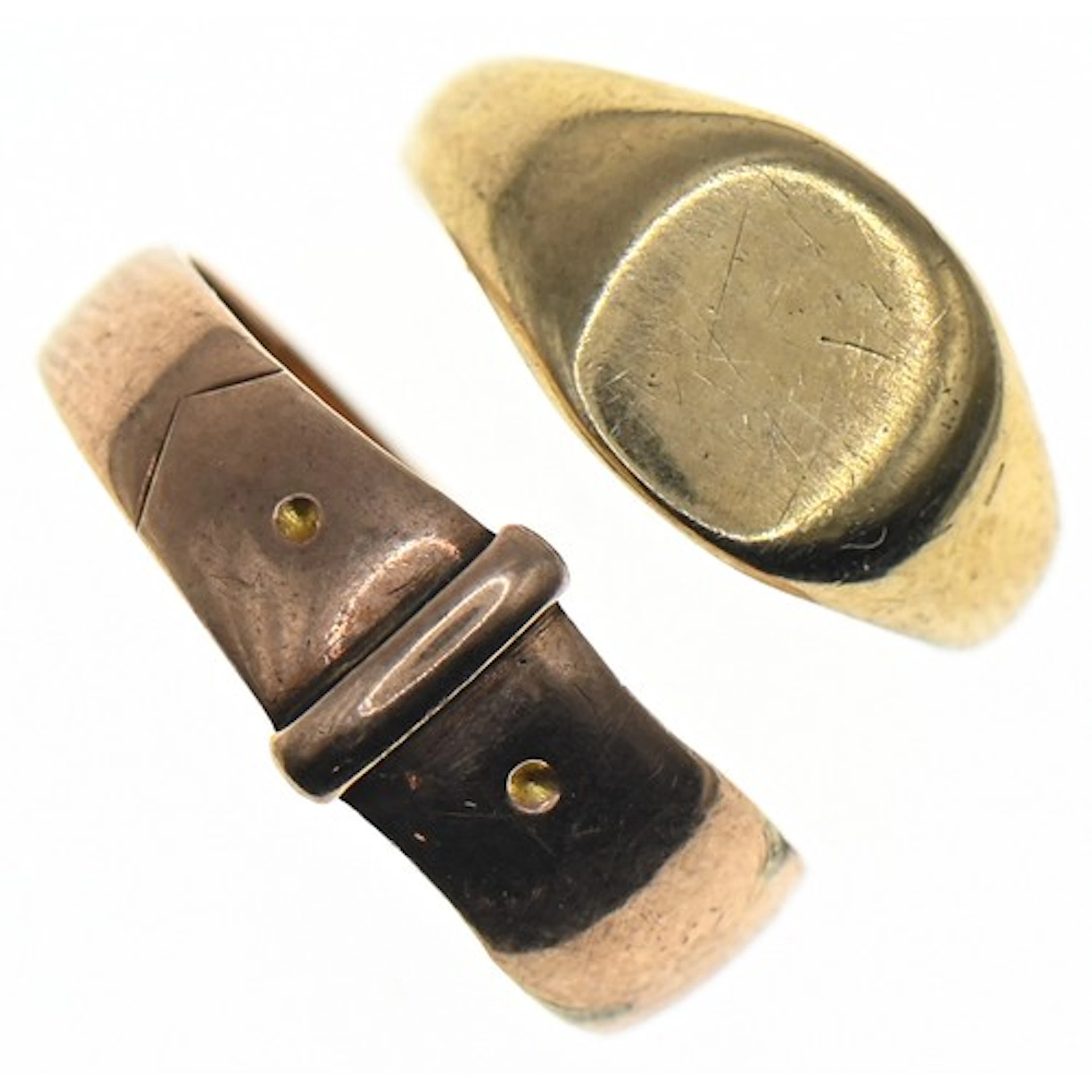 Edwardian 9ct rose gold buckle ring and a 9ct gold signet ri...