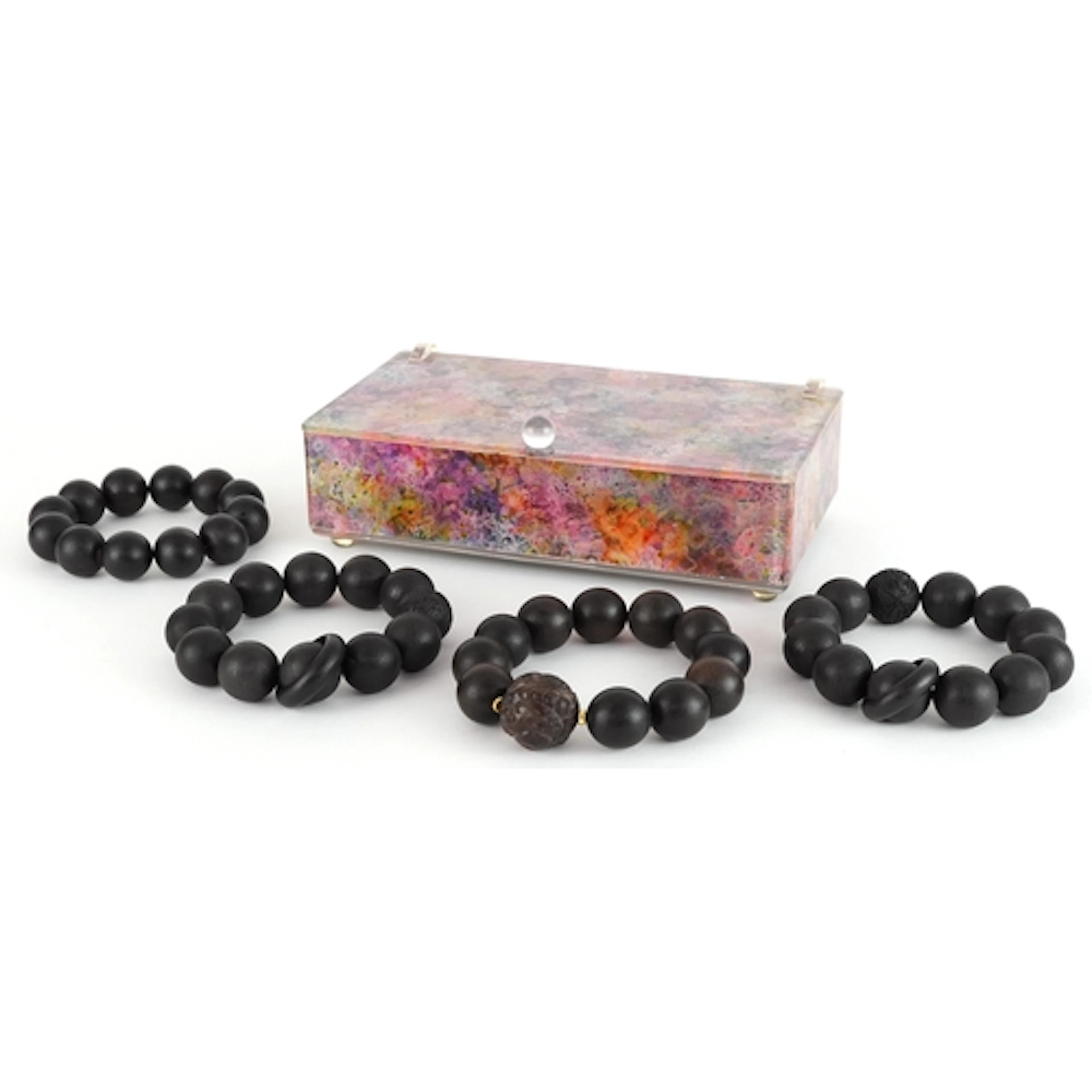 Four Chinese carved wooden bead bracelets, two with Chinese ...