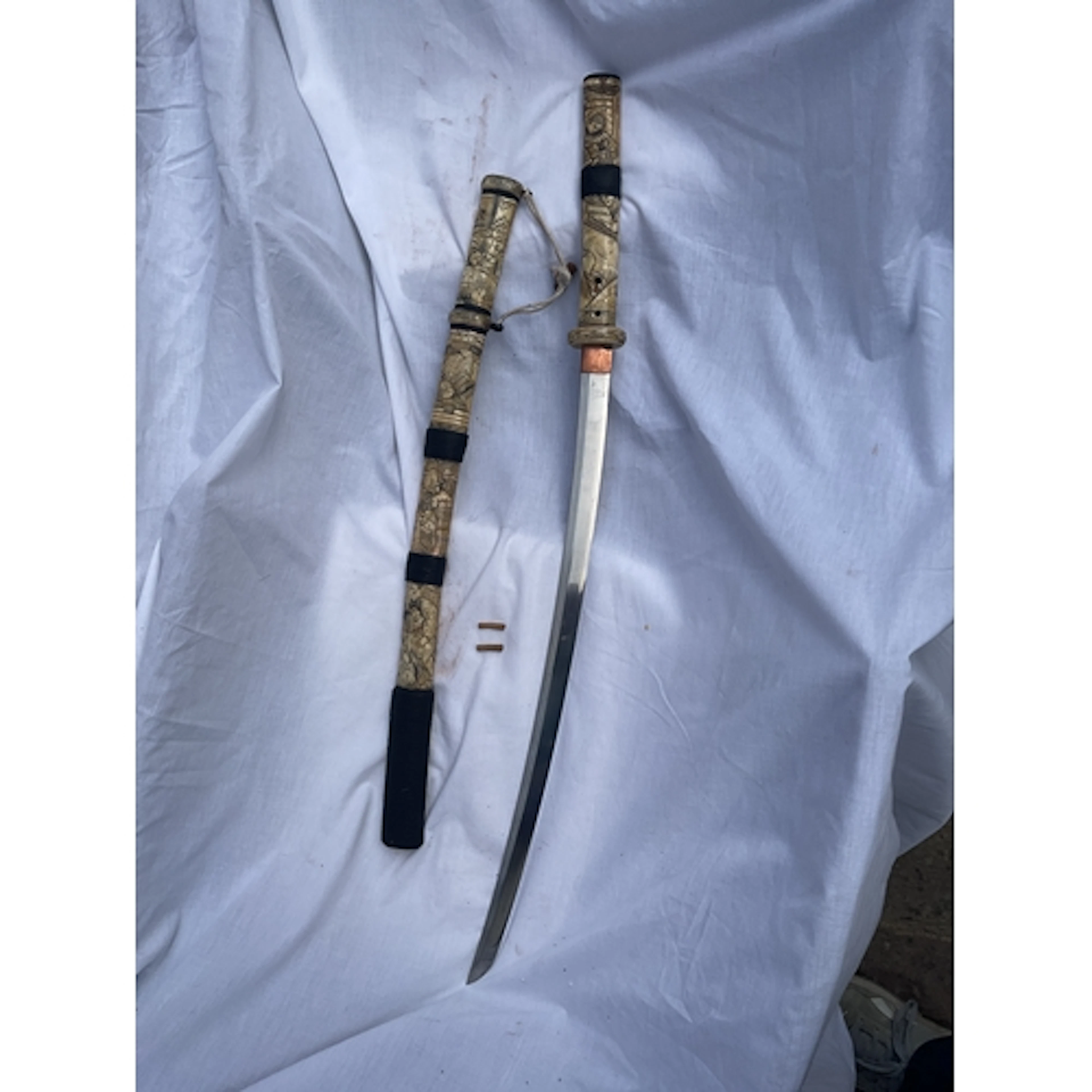 Japanese good Bo Katana with carved bone handle and sheath, ...