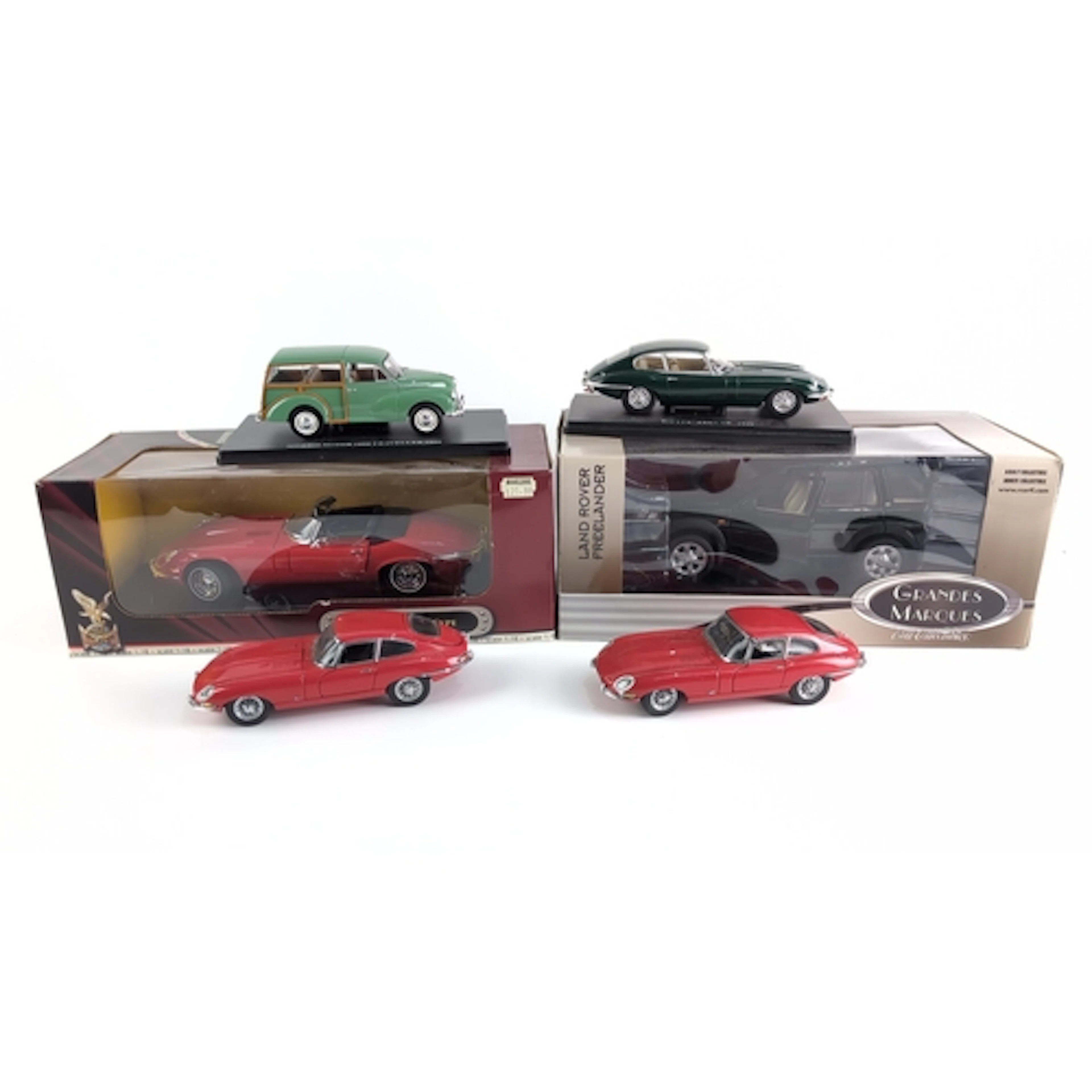 6 x die-cast model motorcars, including Jaguar E-Type coupés...
