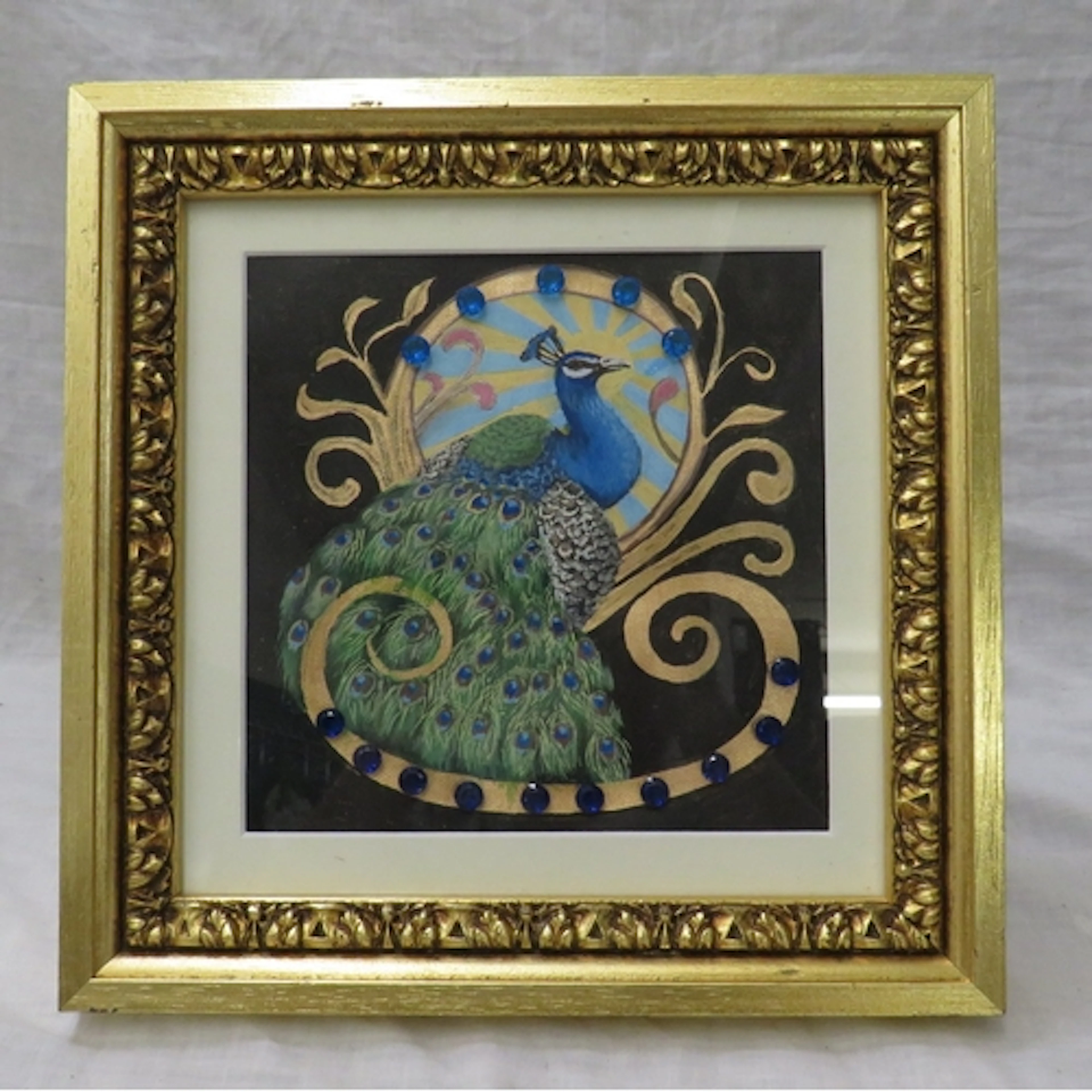 F/g Acrylic & Ink on Rose Gold Leaf Peacock, embellished wit...