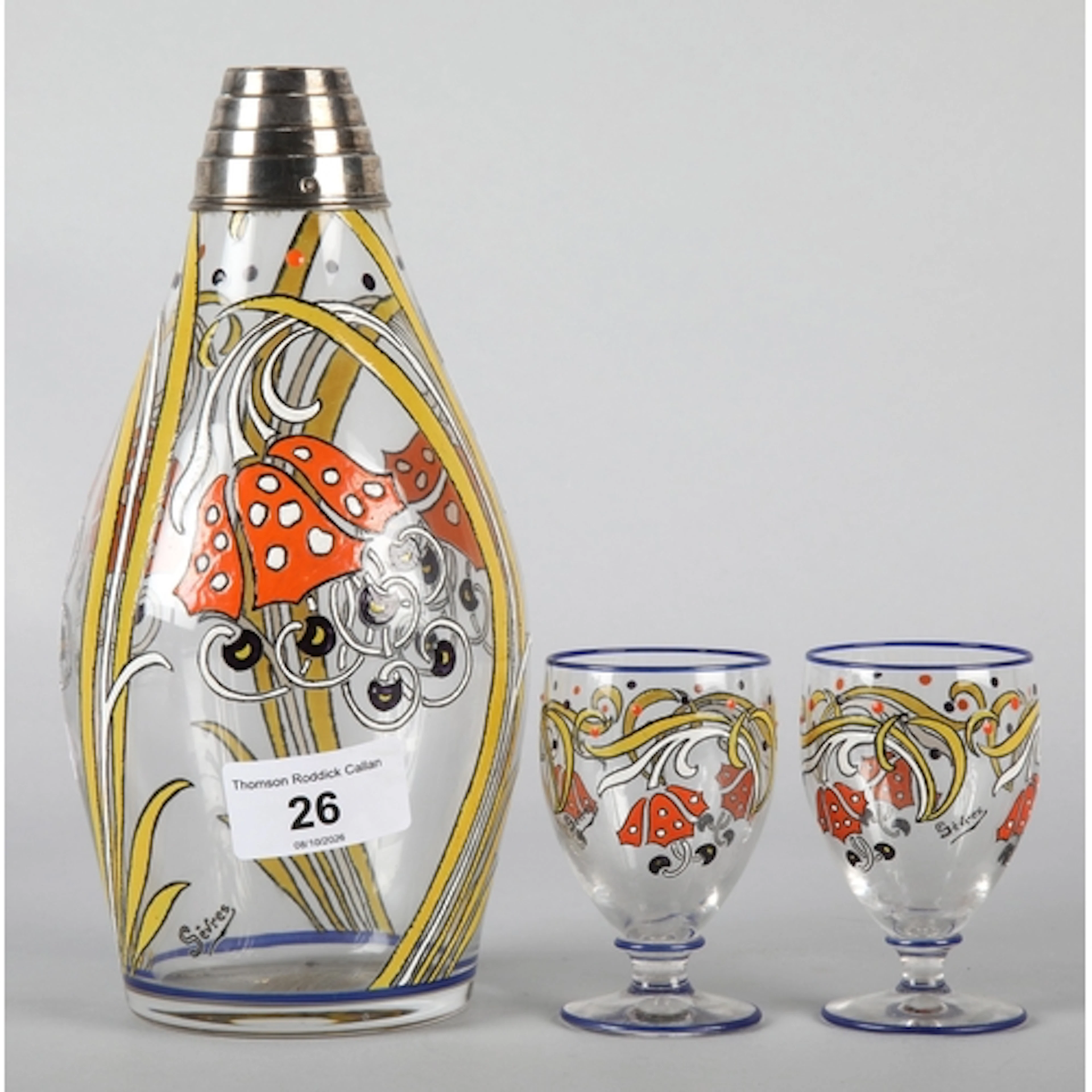 Sevres hand-painted decanter(no stopper) with two matching g...