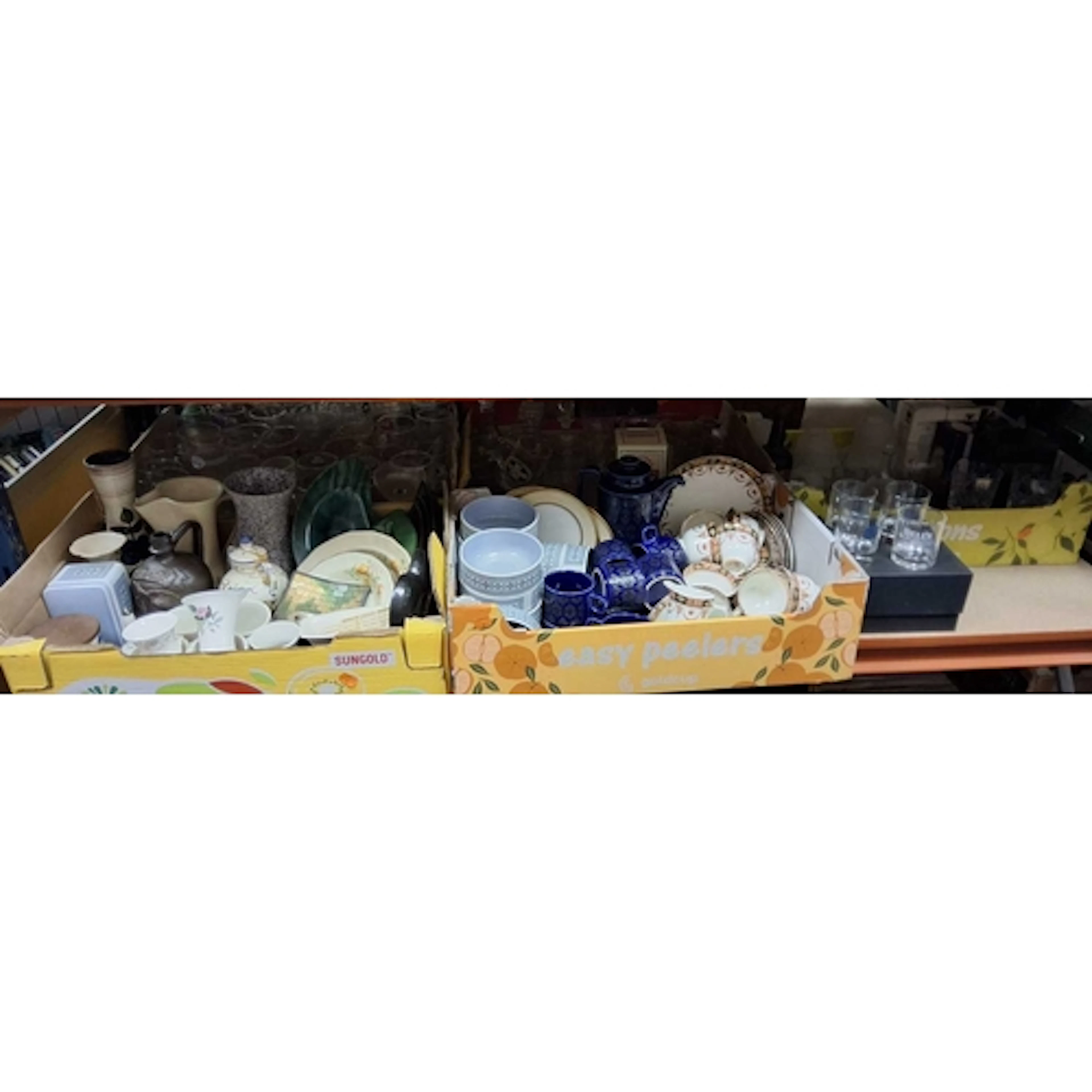 FIVE BOXES AND LOOSE CERAMICS AND GLASSWARE, to include a bl...