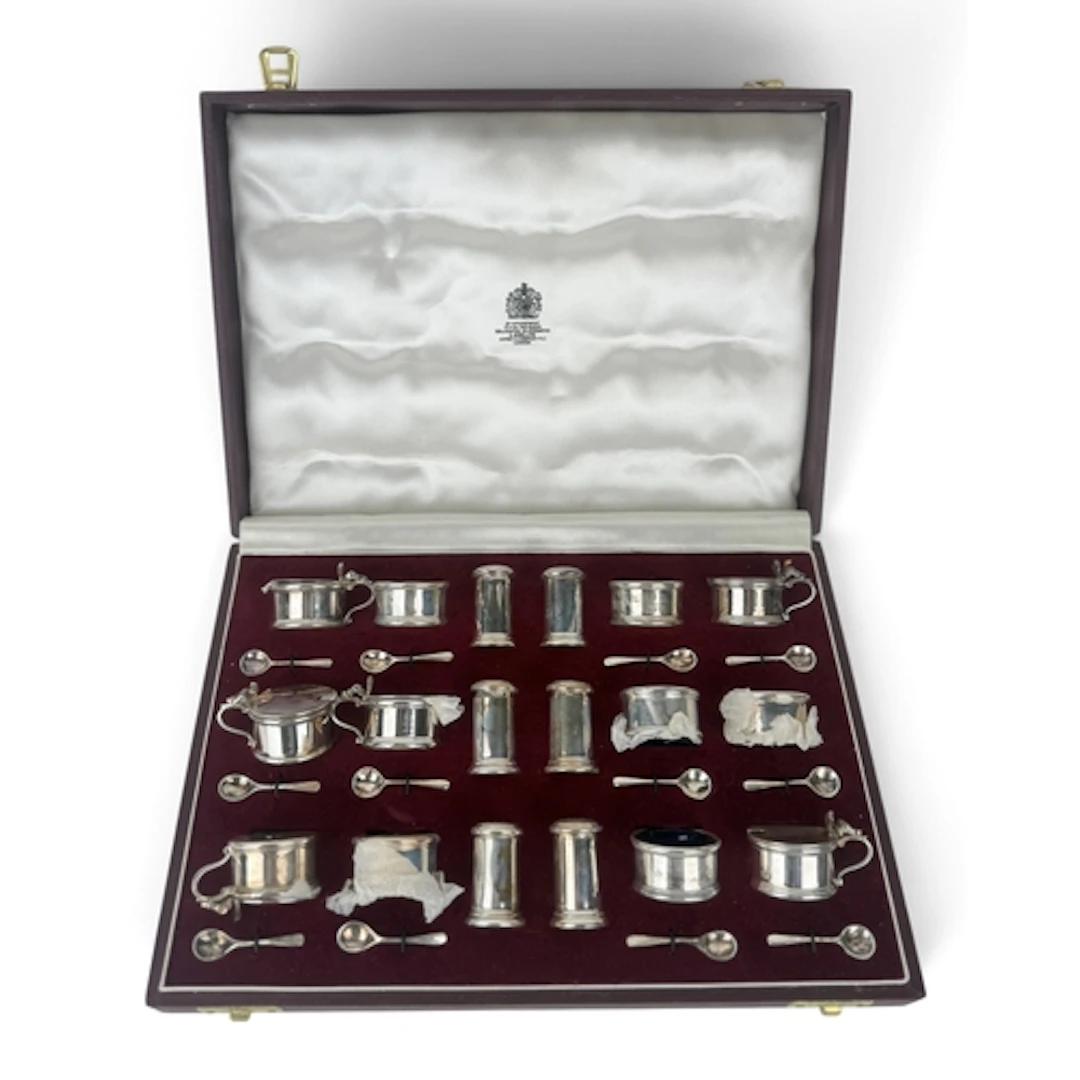 A SILVER EIGHTEEN PIECE CONDIMENT SET FOR SIX PERSONS, ASPRE...