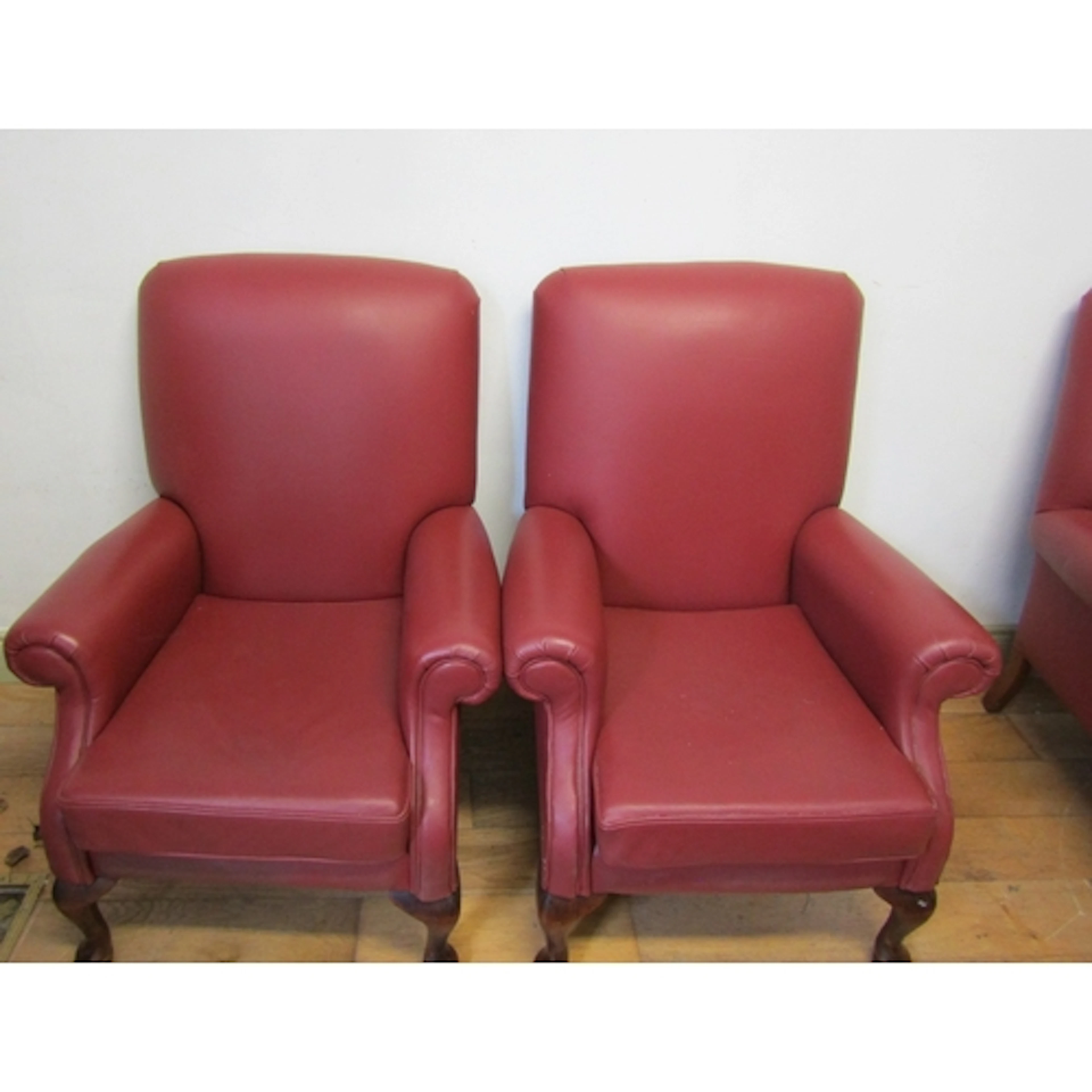 Pair of Burgundy Upholstered Armchairs Queen Ann Supports Fu...