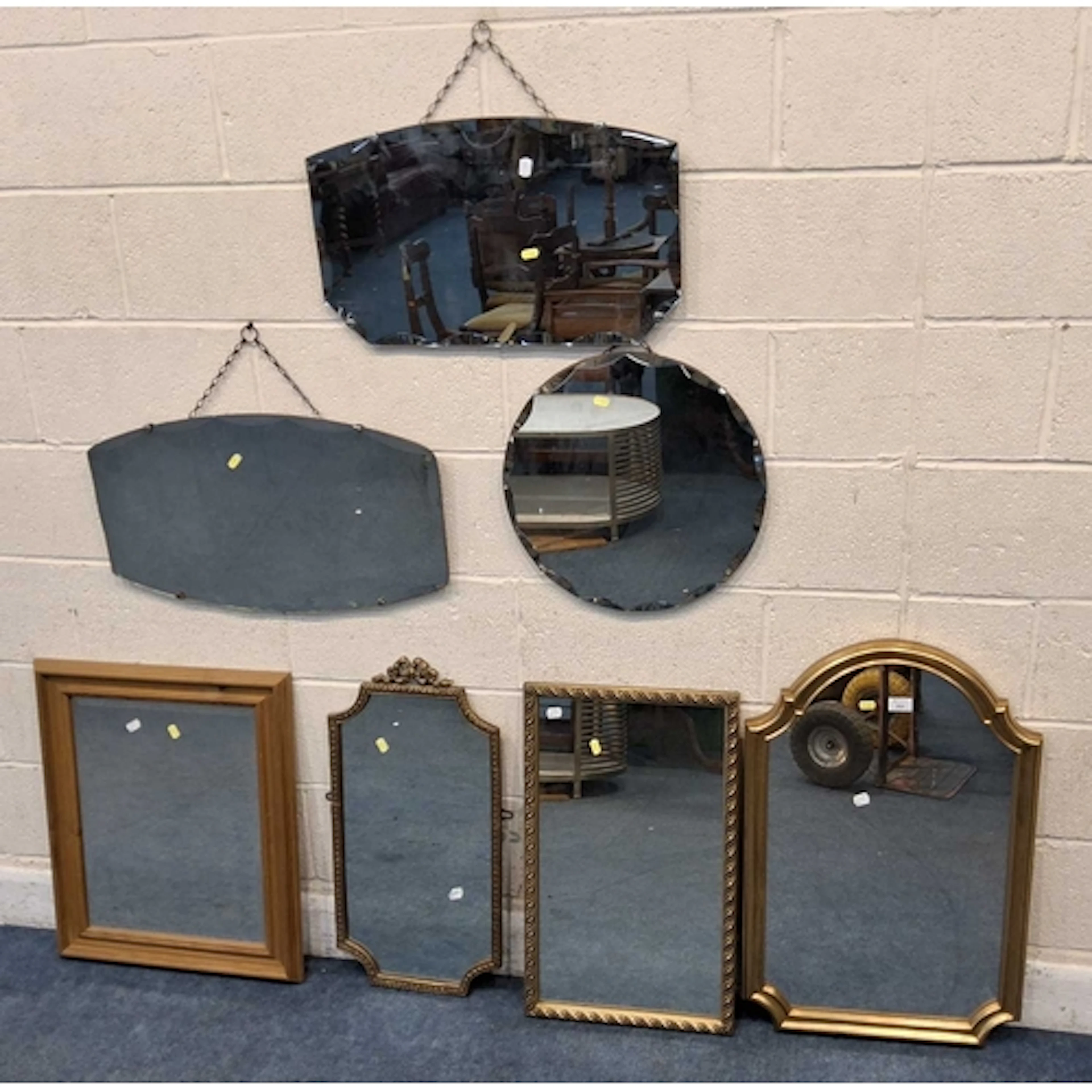 THREE GILT FRAME MIRRORS, three frameless mirrors and a pine...