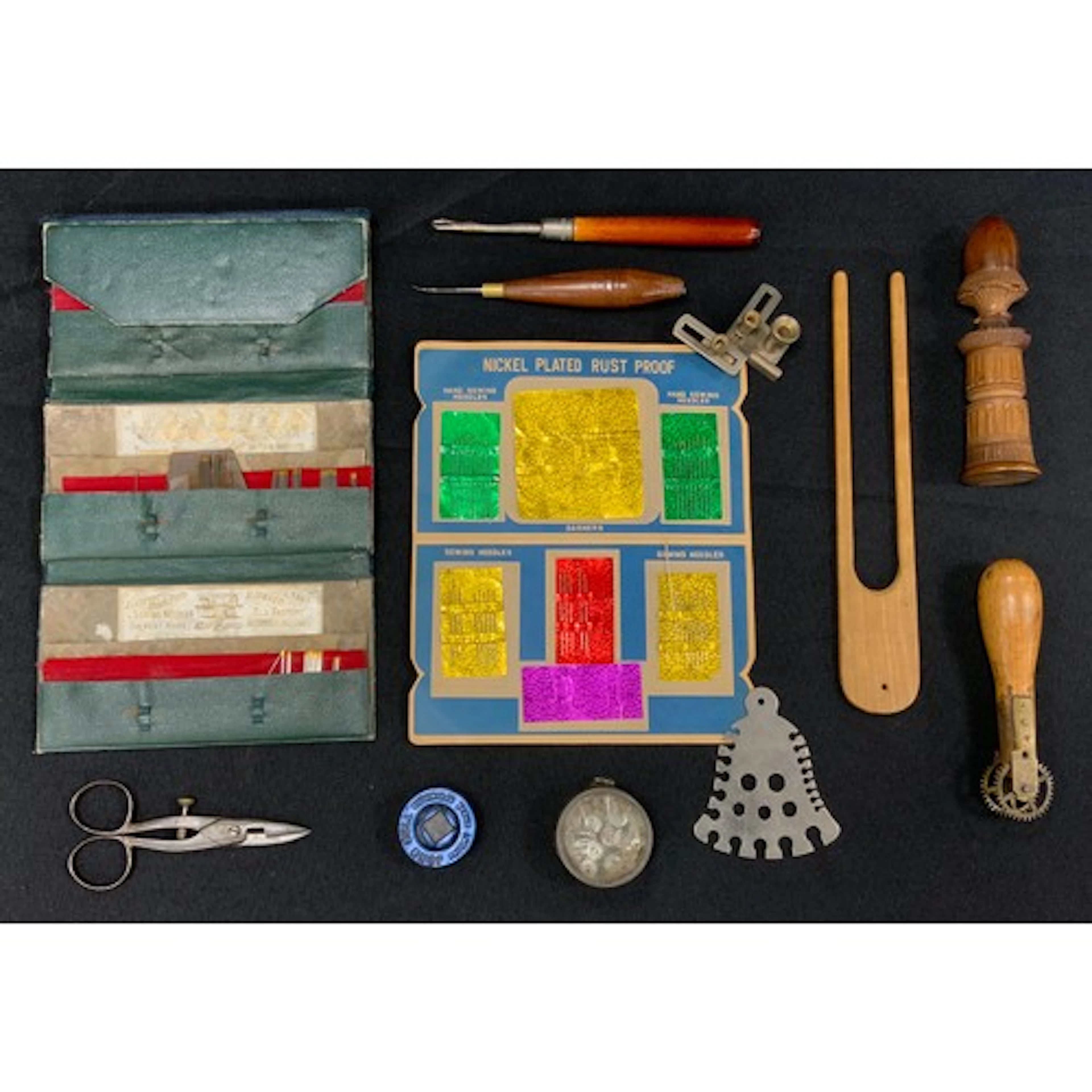 Sewing - a Black Forest treen compendium bobbin, needle and ...