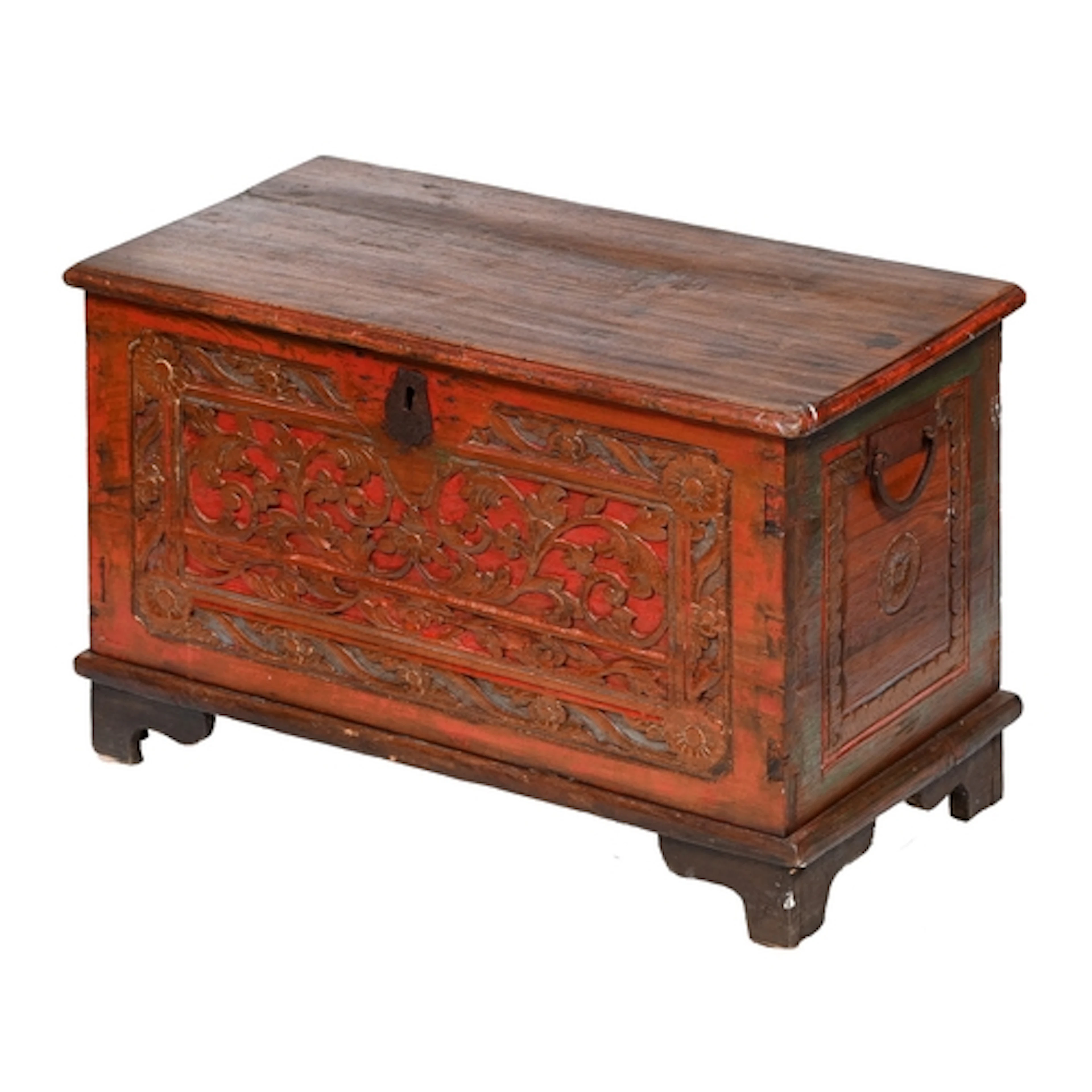An Indonesian red and green painted teak chest, 19th/20th c,...