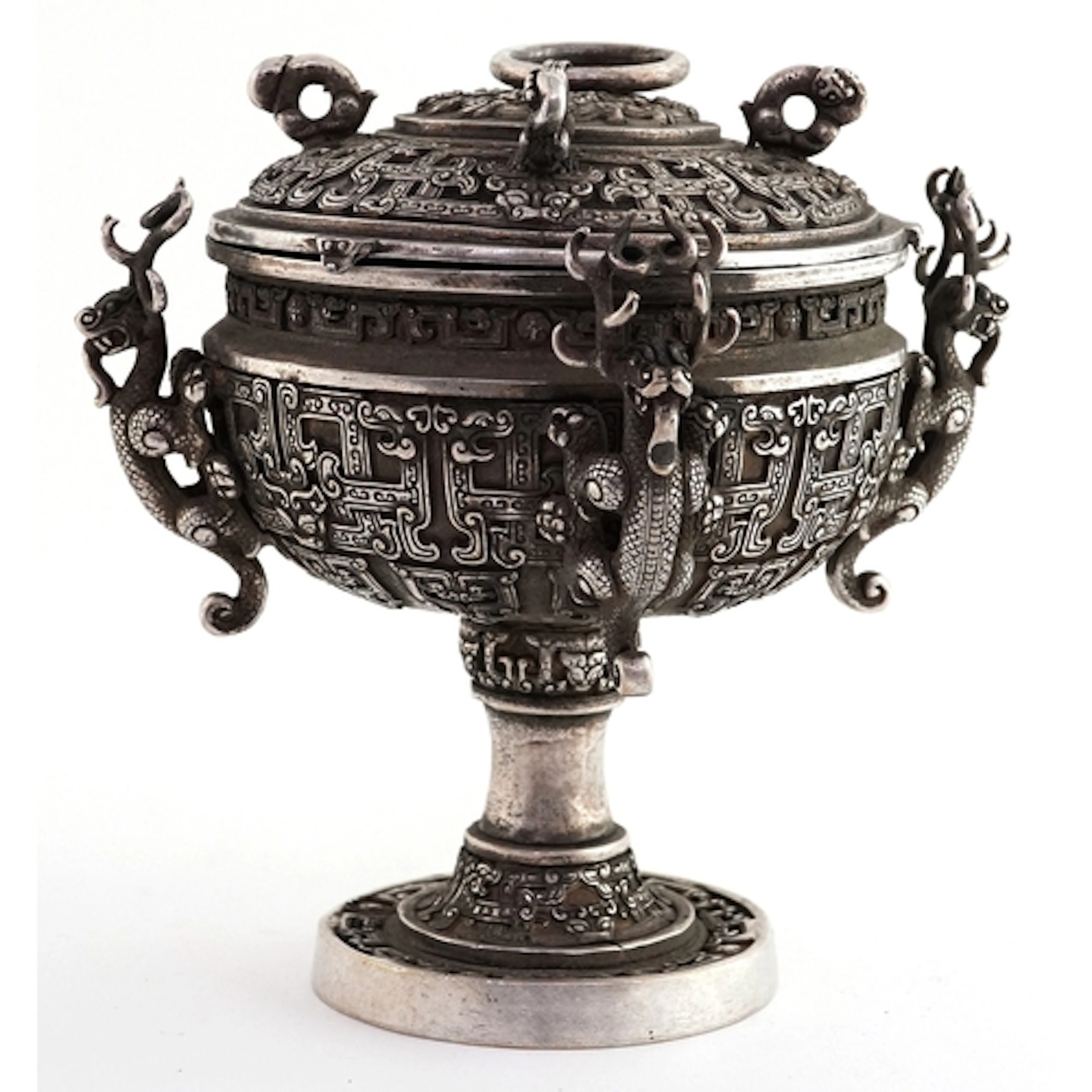 Chinese white metal lidded incense burner with dragon shaped...