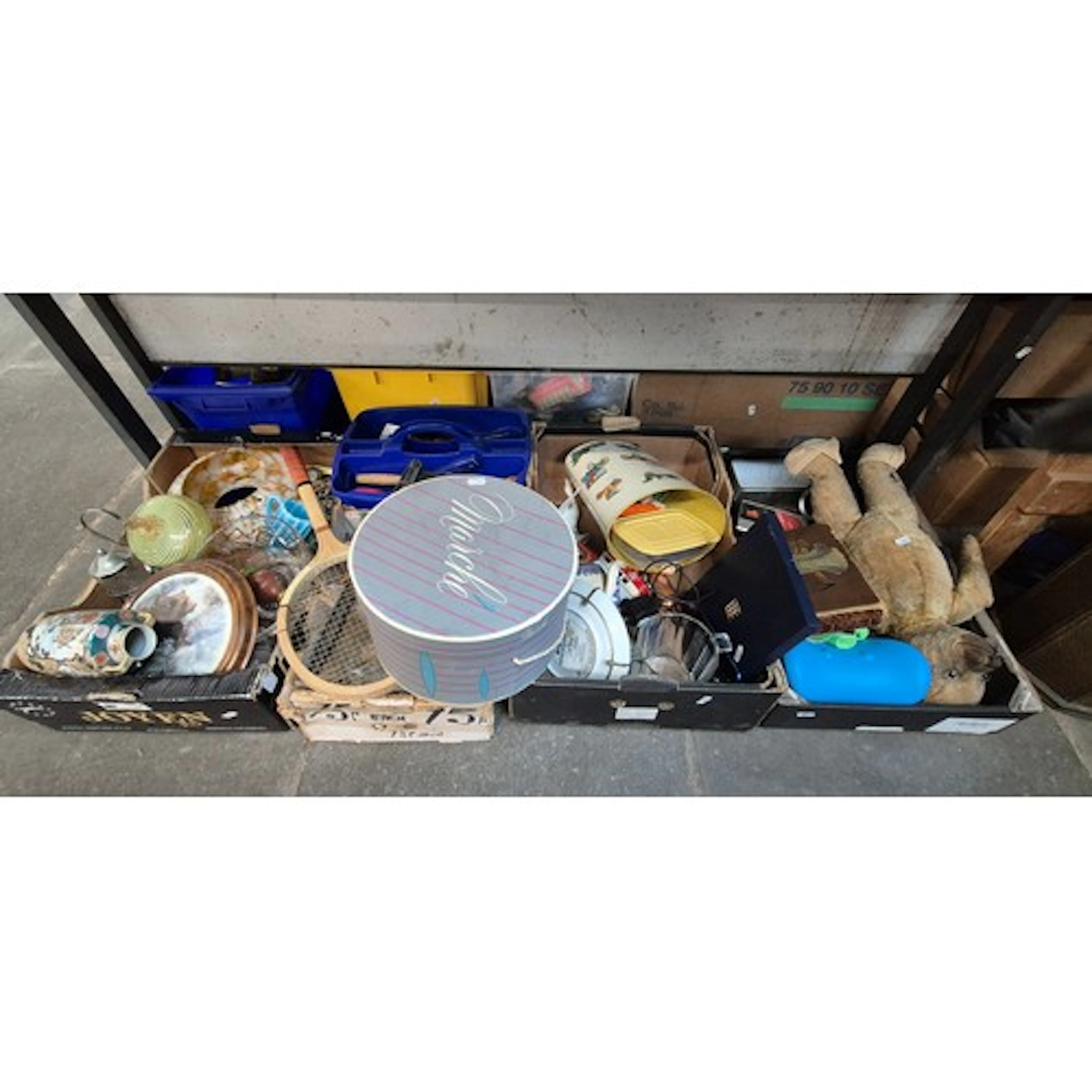 4 boxes of mixed items including pottery, lampshades, men's ...