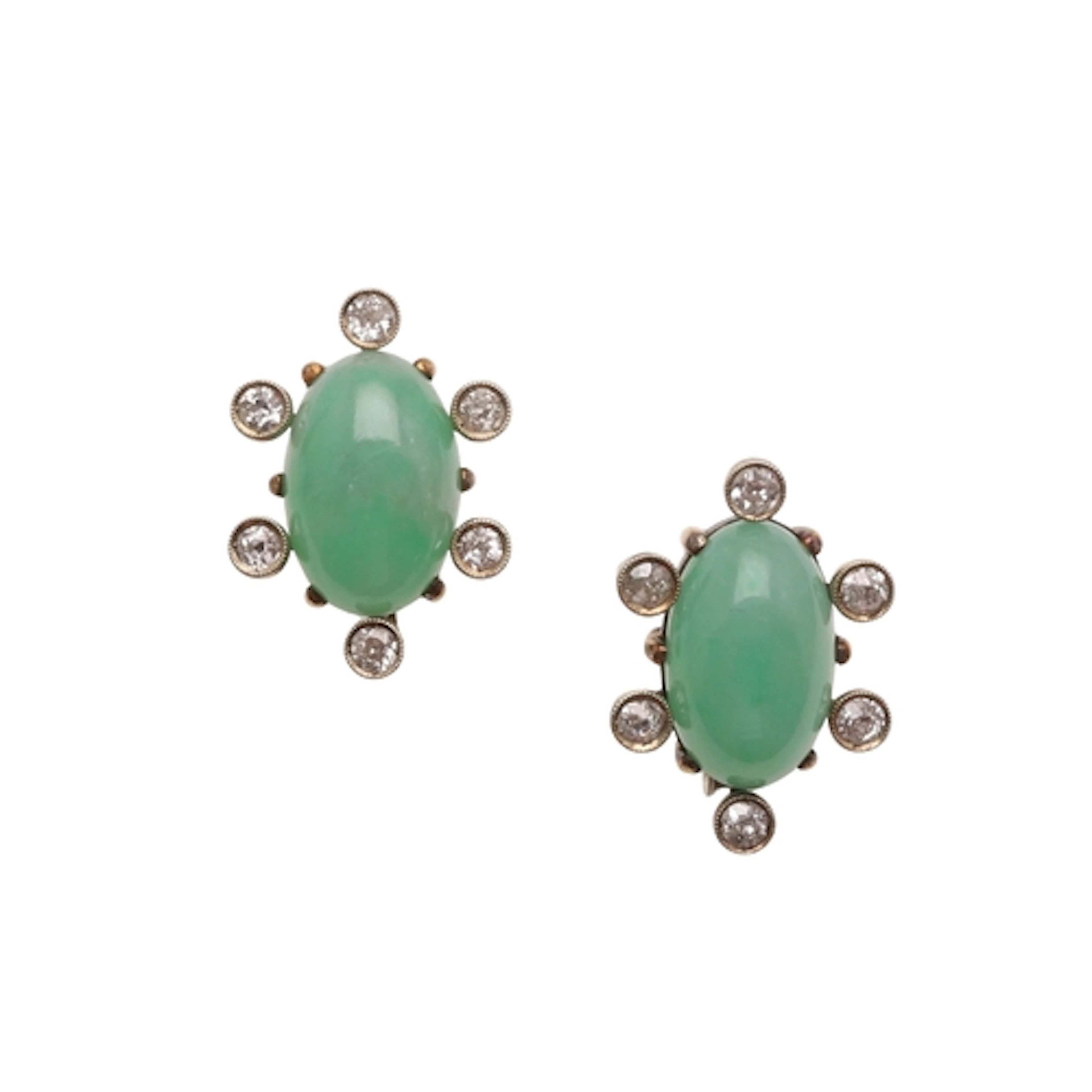 A PAIR OF JADE AND DIAMOND EARRINGS. each earring set with a...