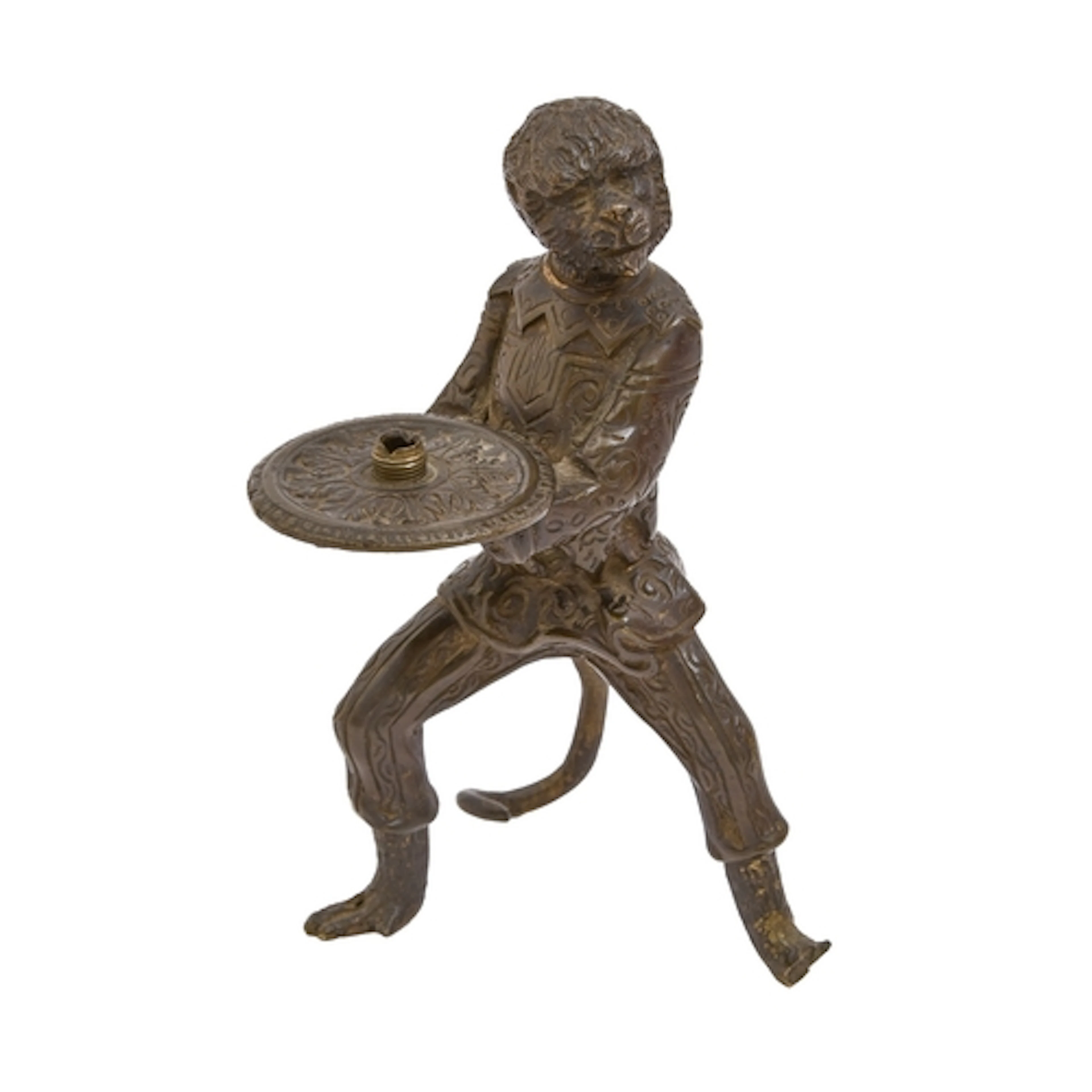 A French bronze singerie candlestick, late 19th c, the monke...
