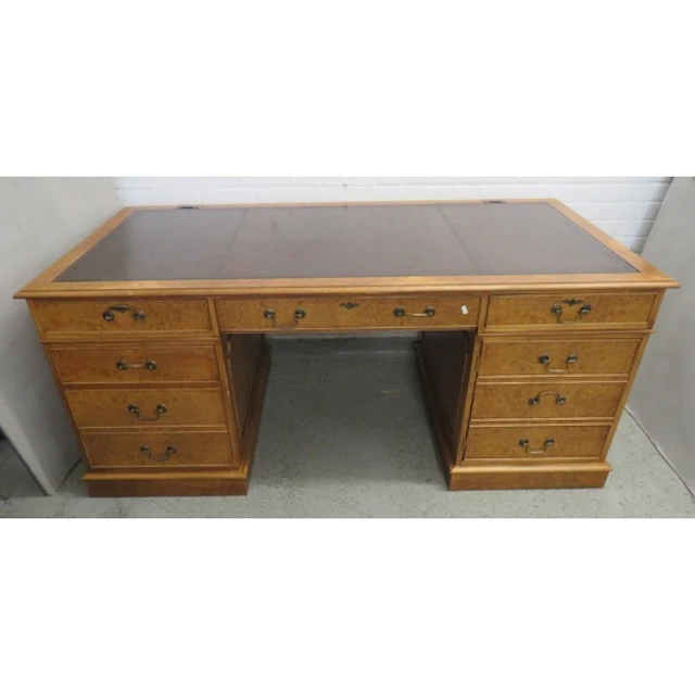 Walnut Veneered Pedestal Desk, red leather inset writing sur...