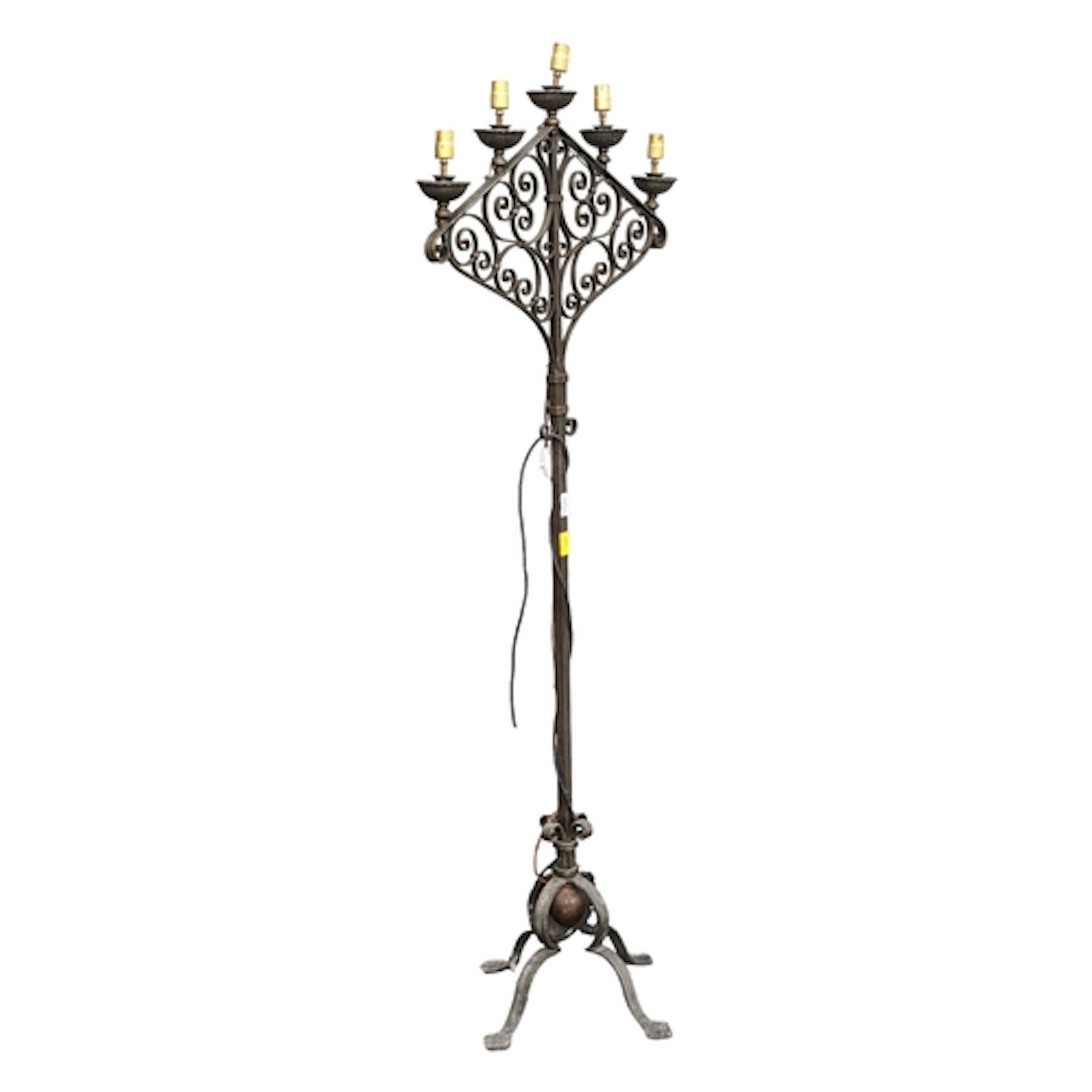 A 20th century wrought iron floor standing lamp light candel...