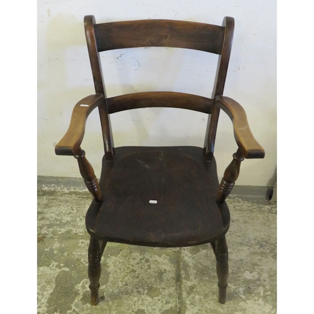 Antique Dark Wooden Oxford Windsor Bow Backed Armchair, turn...