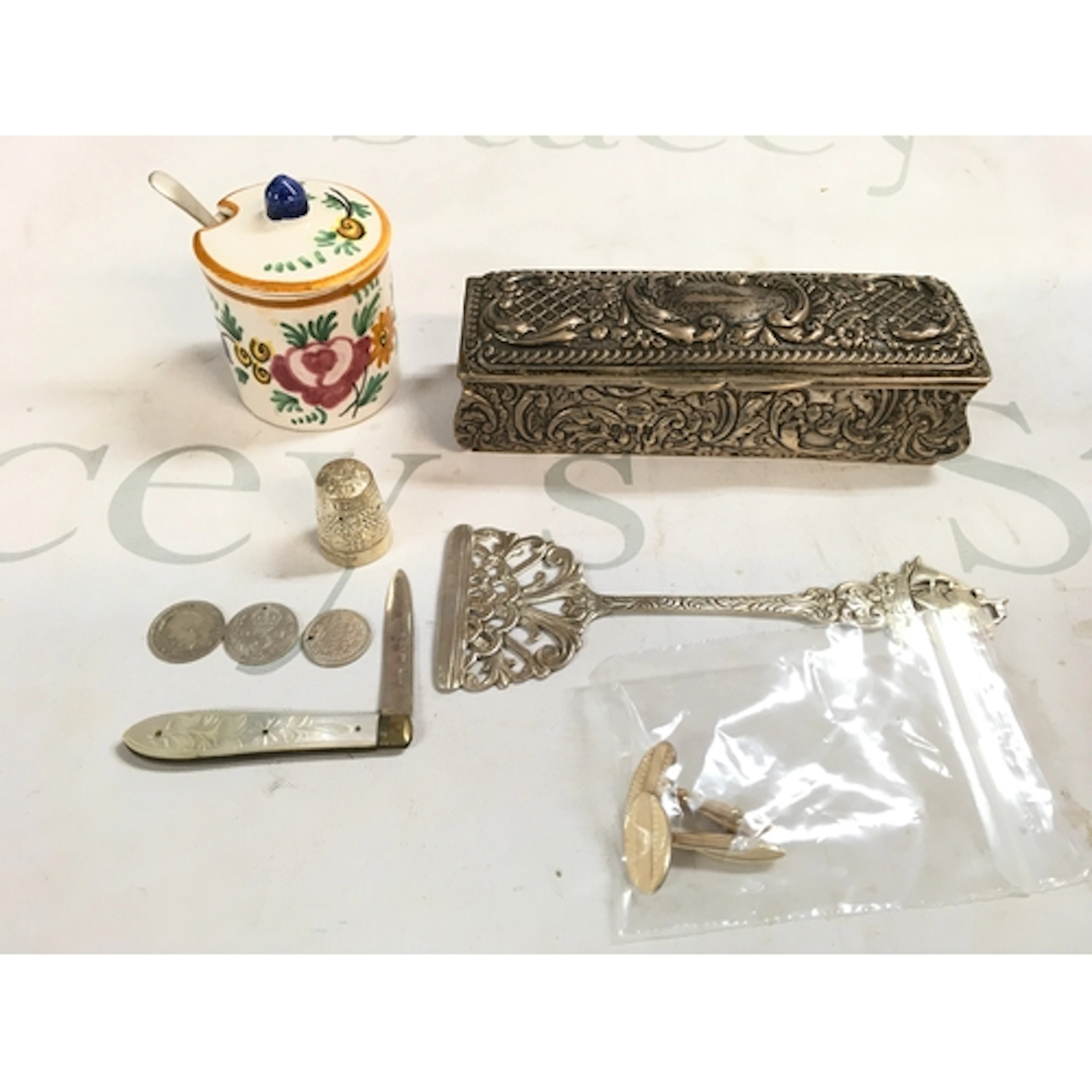 French mustard pot , decorative pierced server, three o...