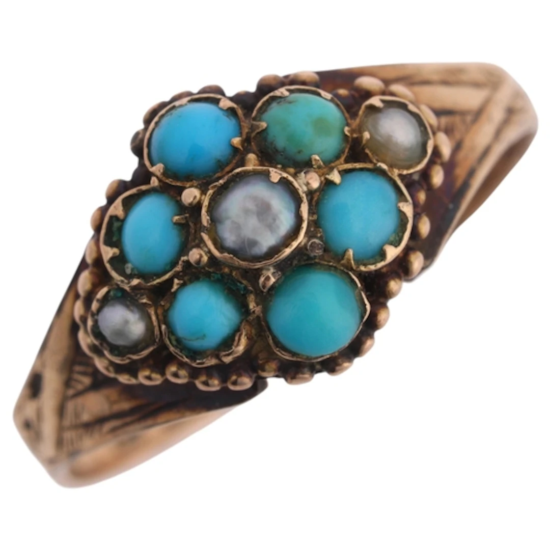 An Antique Victorian 15ct rose gold turquoise and pearl forg...
