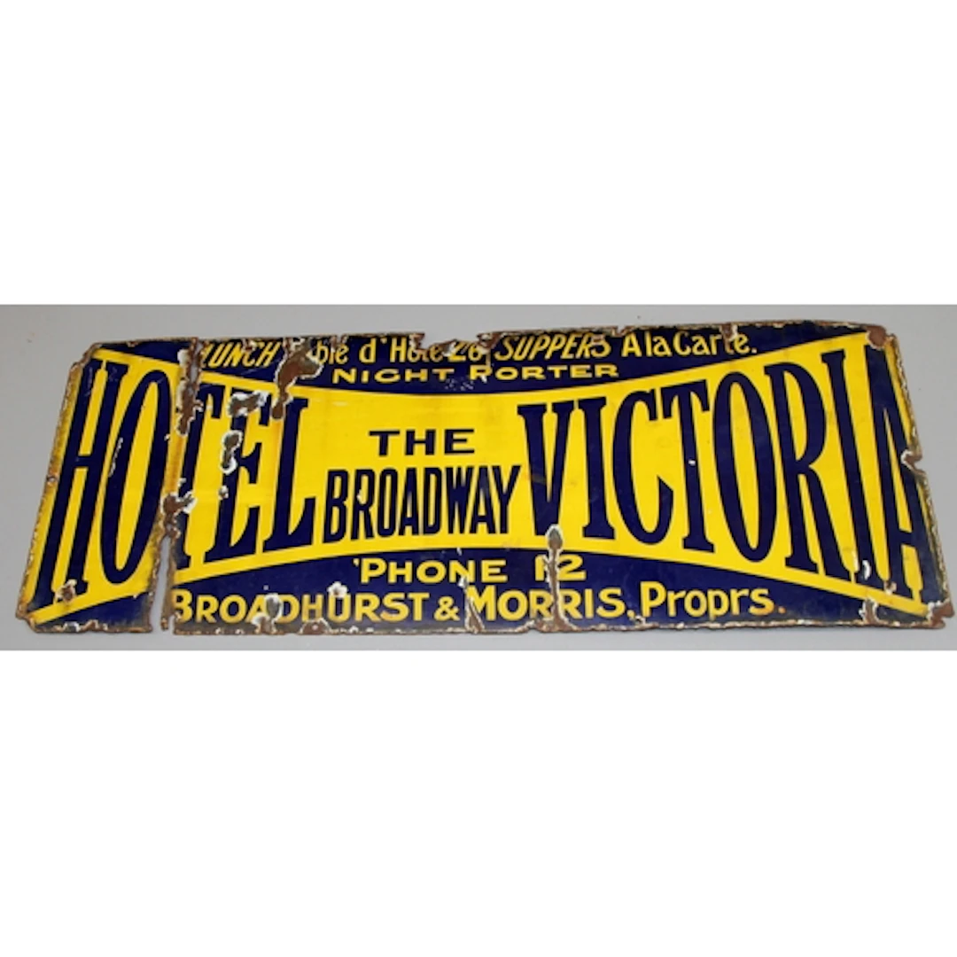 Vintage enamel sign: Large 'The Victoria Hotel - Broadway, '...