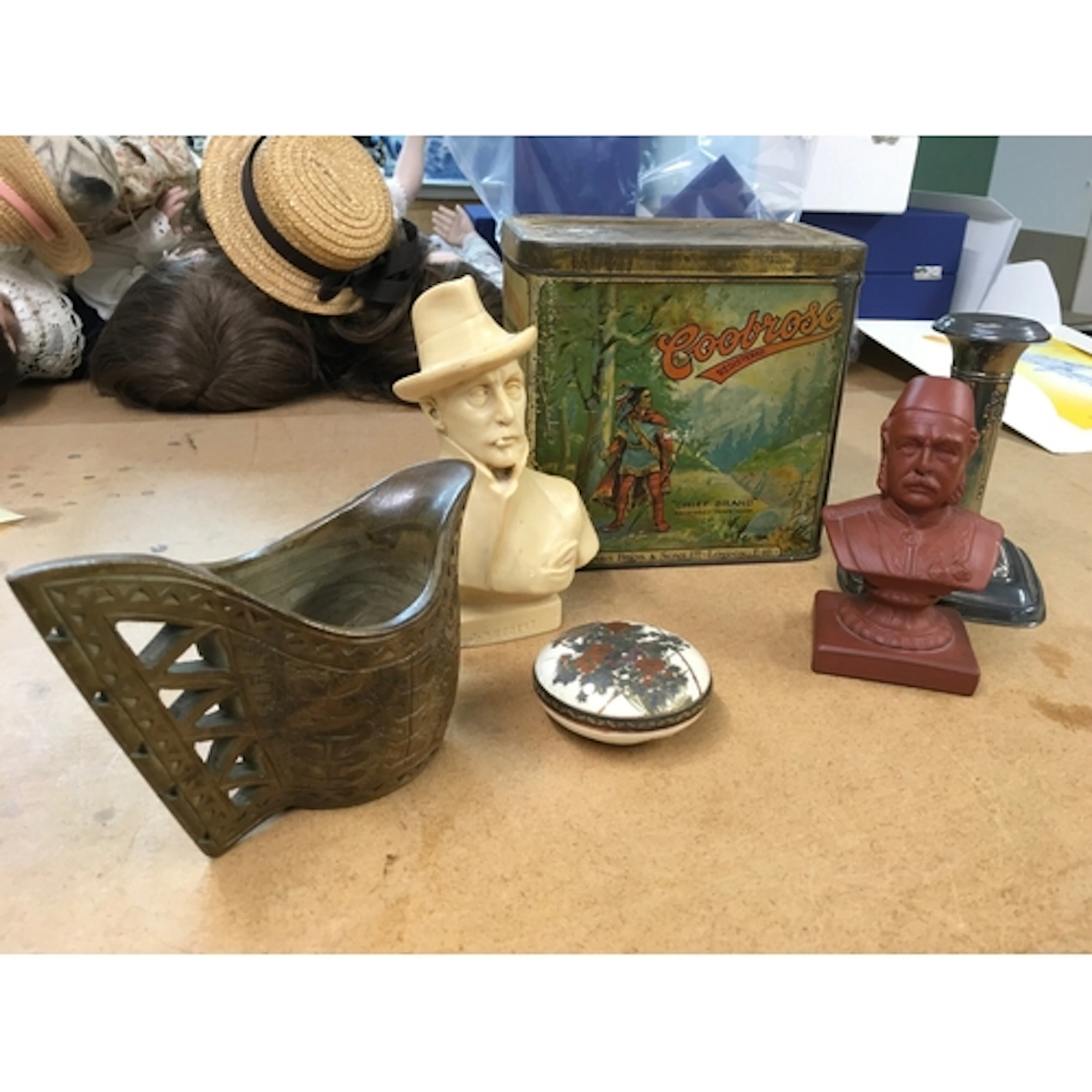 A Puccini bust , vintage tin , silver plated candlestick, ol...