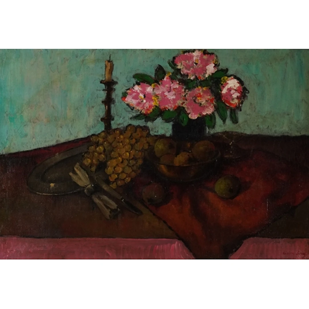 Still life flowers, fruit and objects on a table, oil on can...
