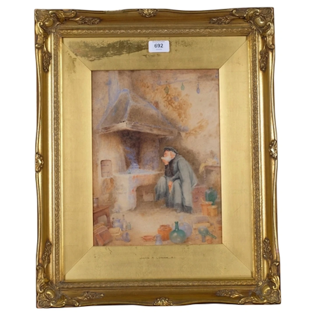 John Lomax RI (1857 - 1923), cottage interior scene, waterco...